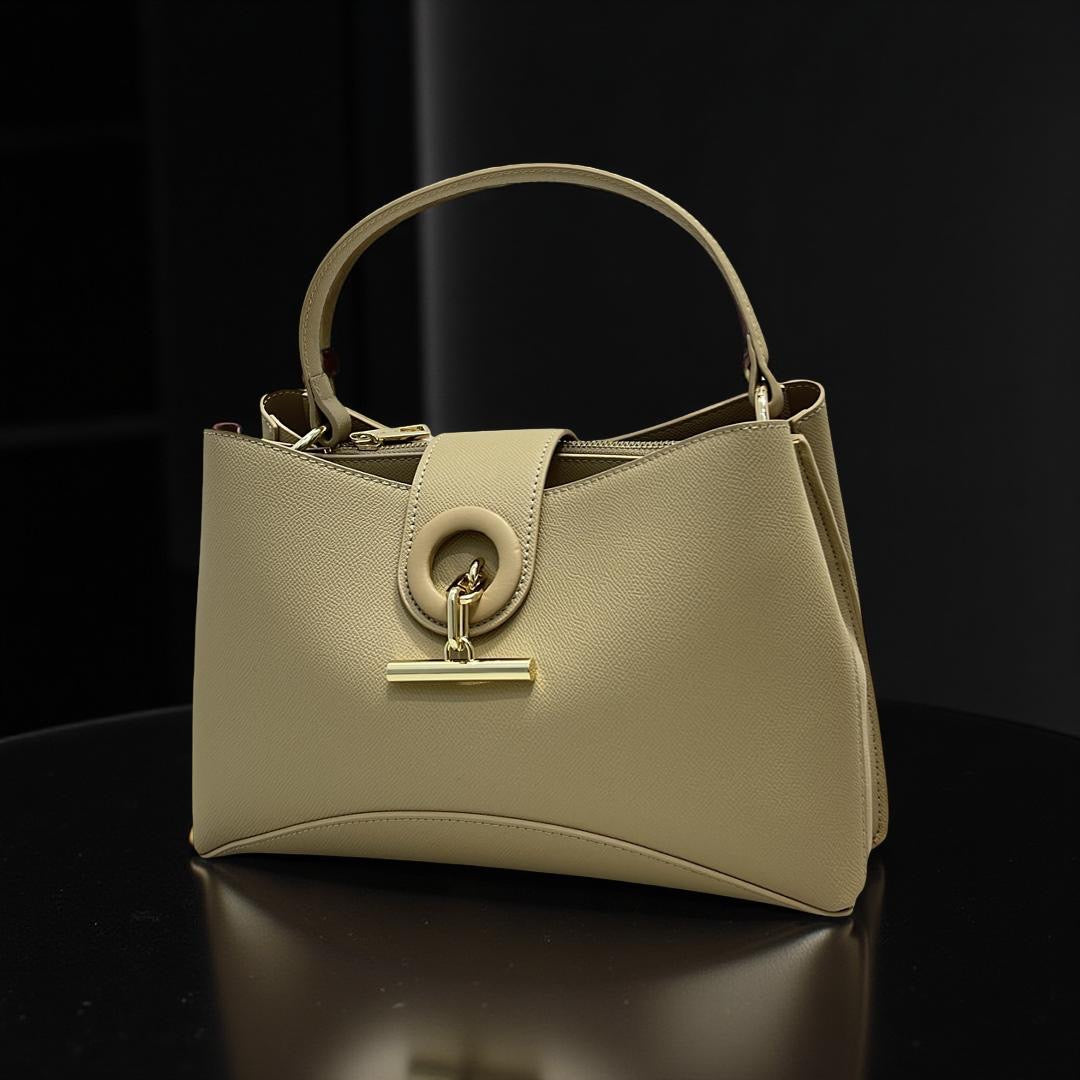 Chrisbella Leather Triple Compartment Bag in Beige