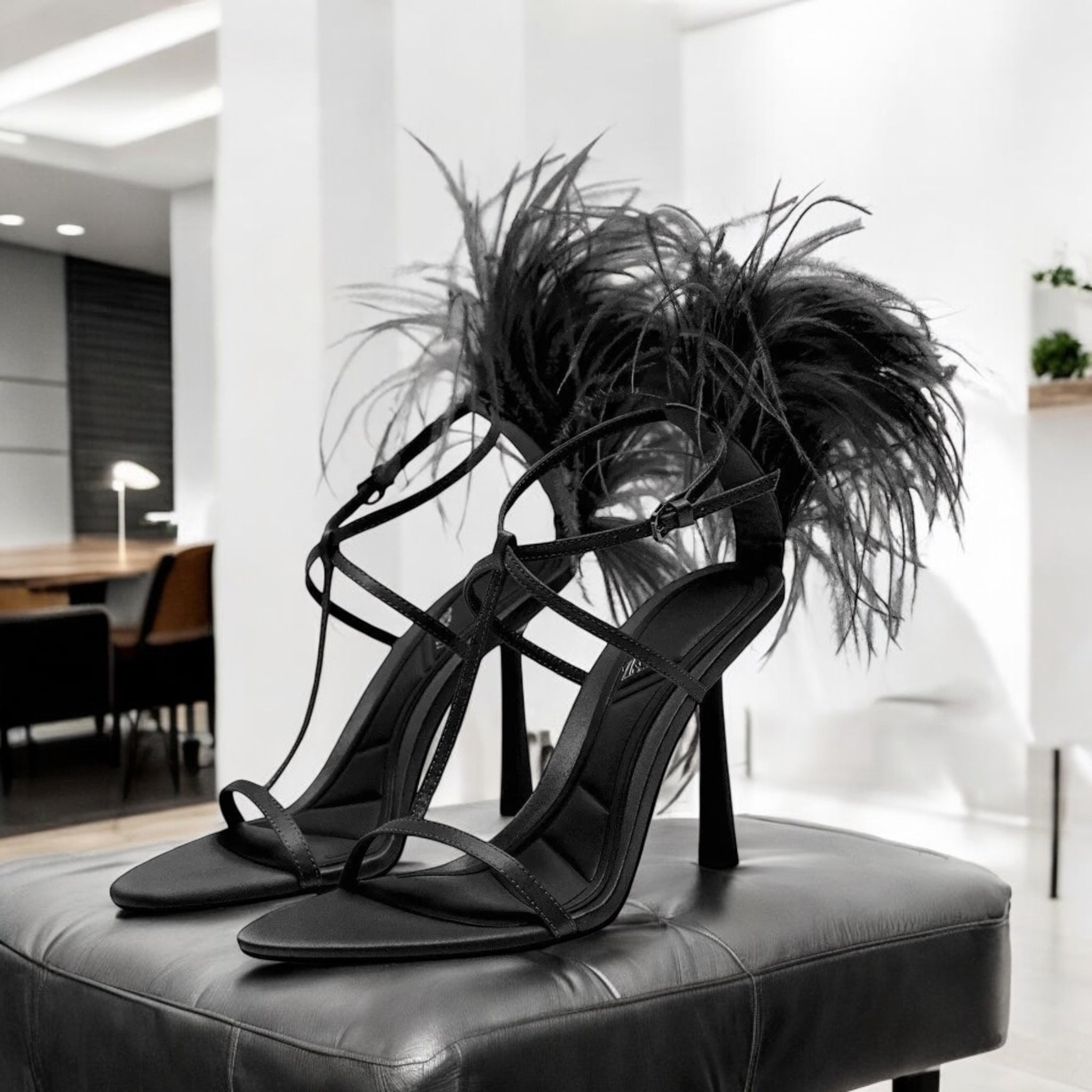 ZARA FEATHER DETAIL HEEELED SANDAL IN BLACK