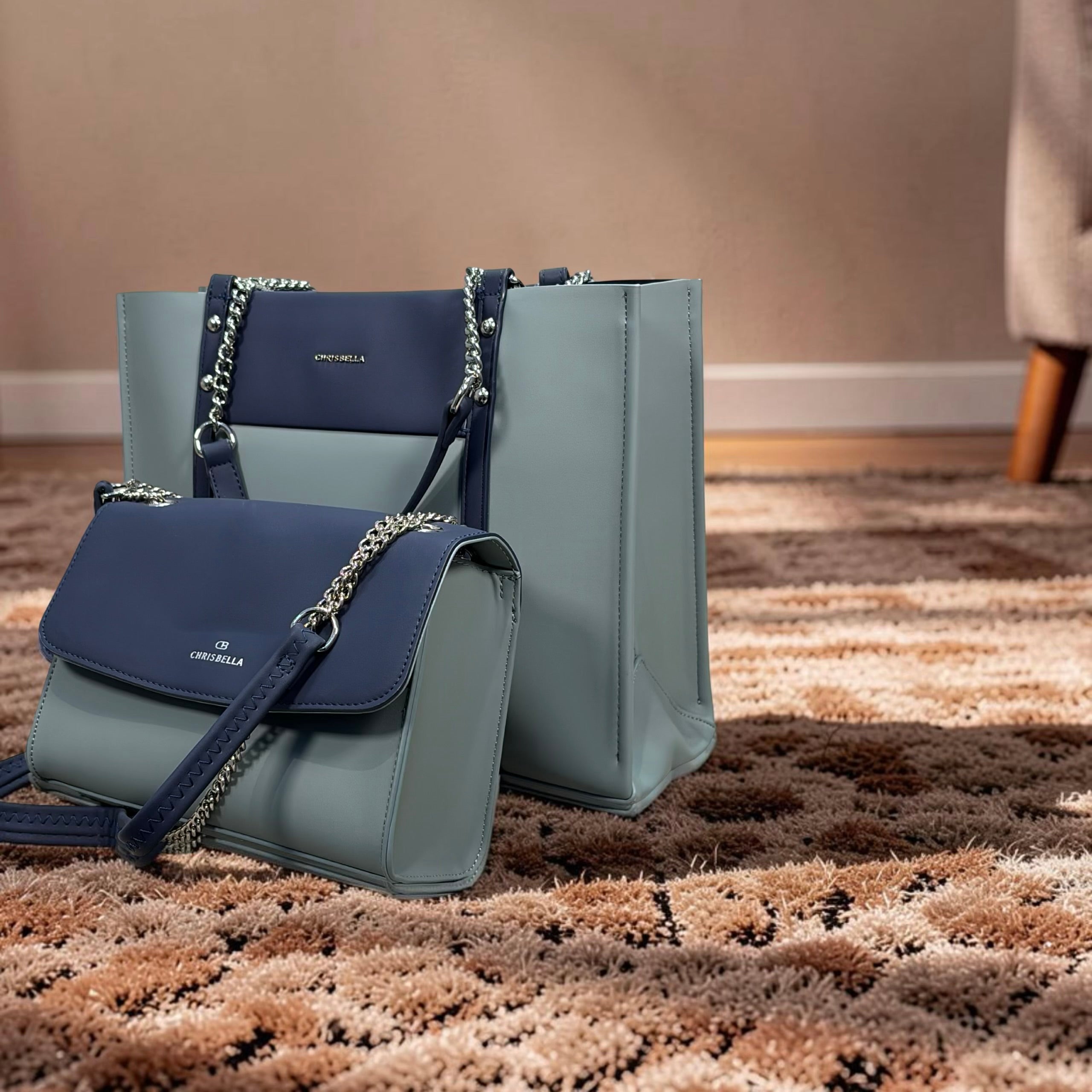 Chrisbella Two-Tone Chain Handle Bag in Blue