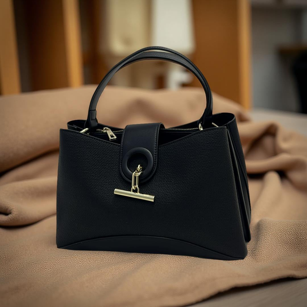 Chrisbella Contrast Leather Triple Compartment Bag in Black