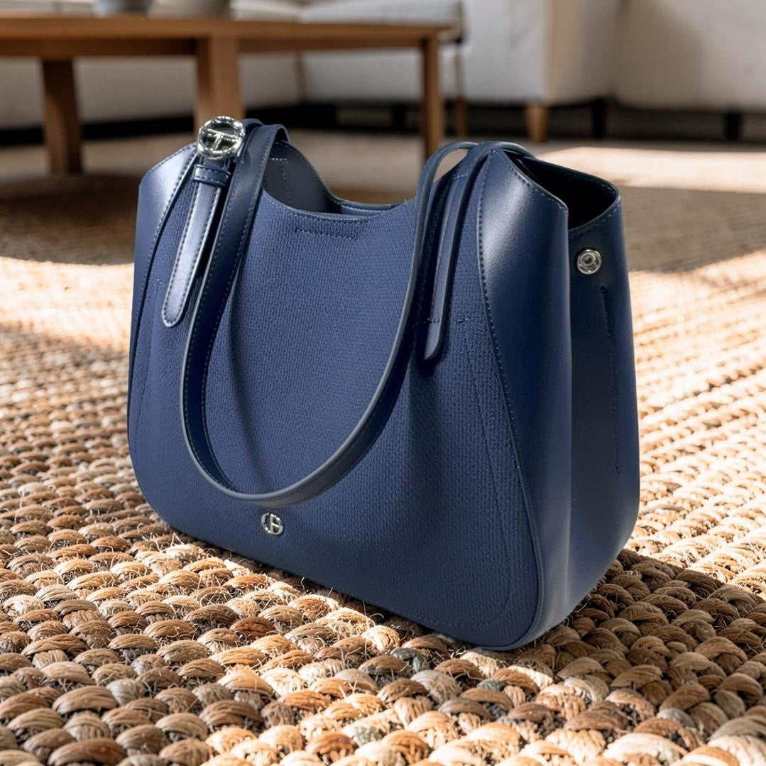 Chrisbella Leather Textured Fabric Contrast Bag in Navy