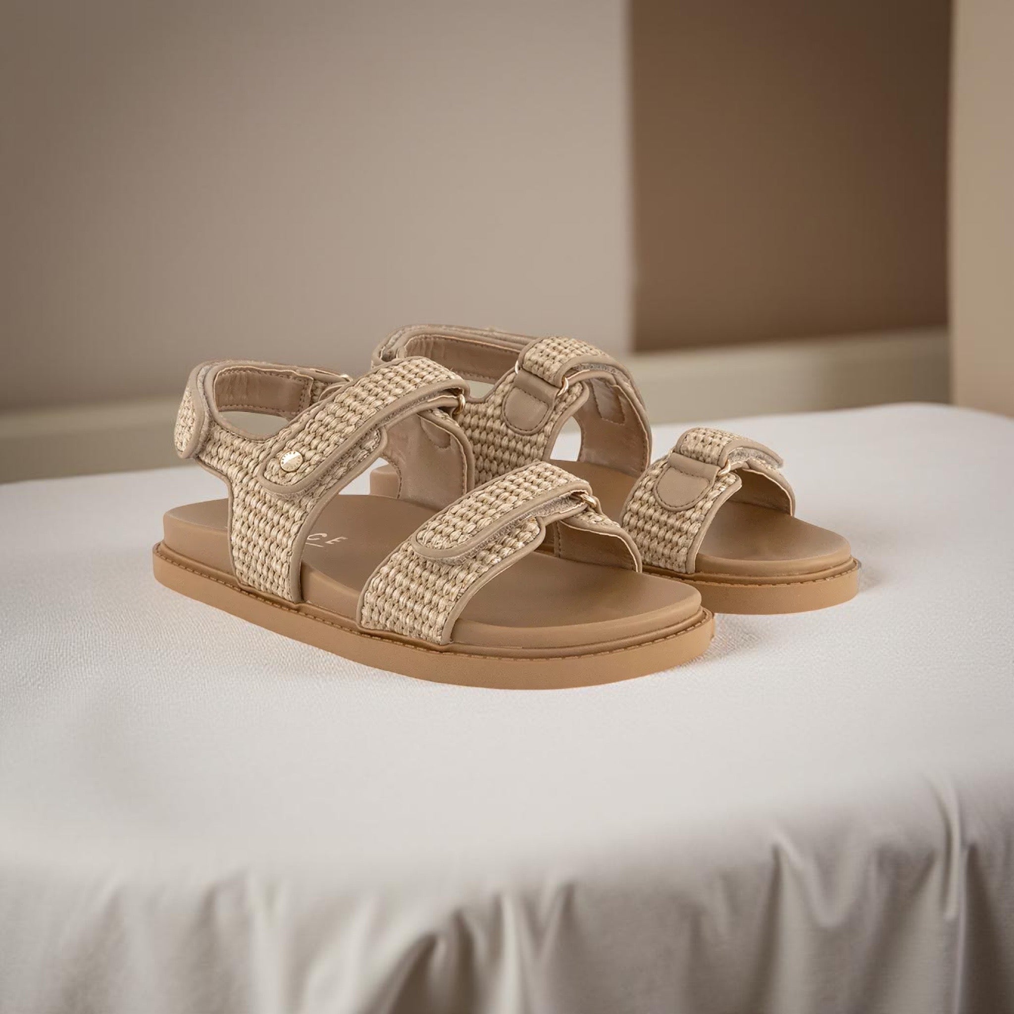 Office Girl Faux Raffia Velcro Sandal in Natural