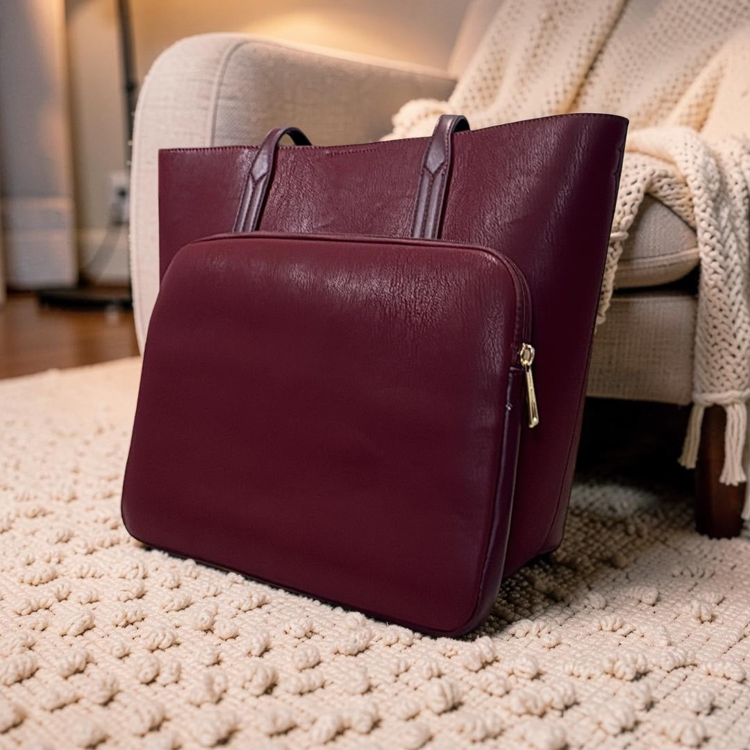 Chrisbella Large Matte Leather Bag in Burgundy