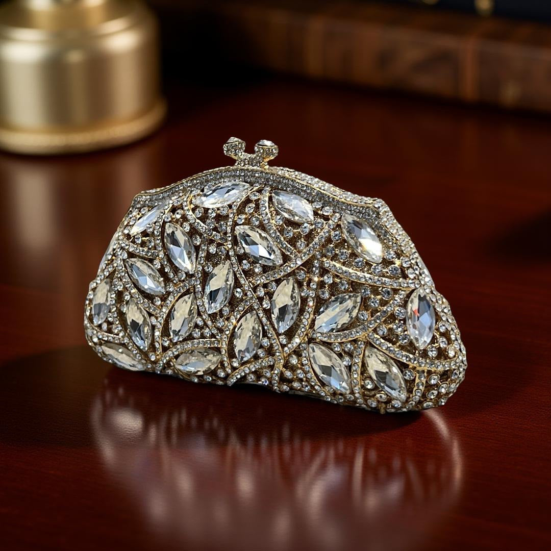 Geneva Glam Clutch Statement Purse with Crystals in Champagne