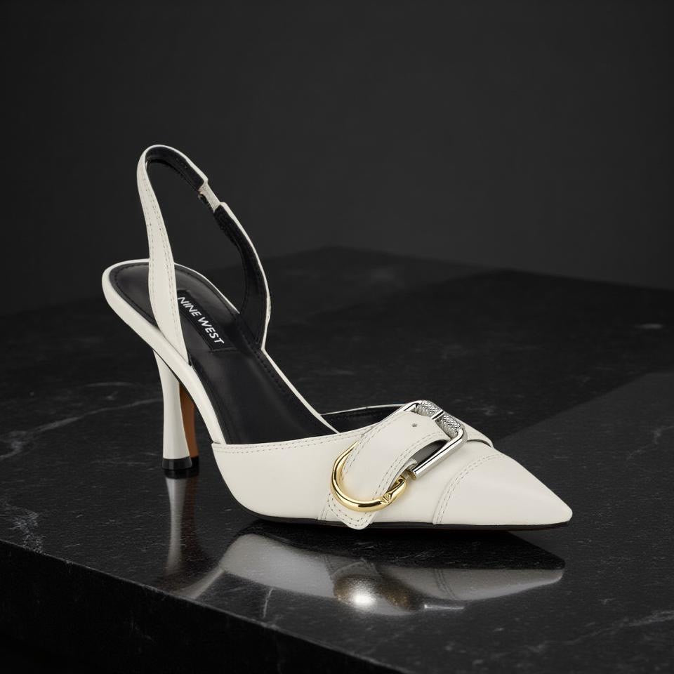 Nine West Textured Leather Pointed Toe Slingback Pump in White
