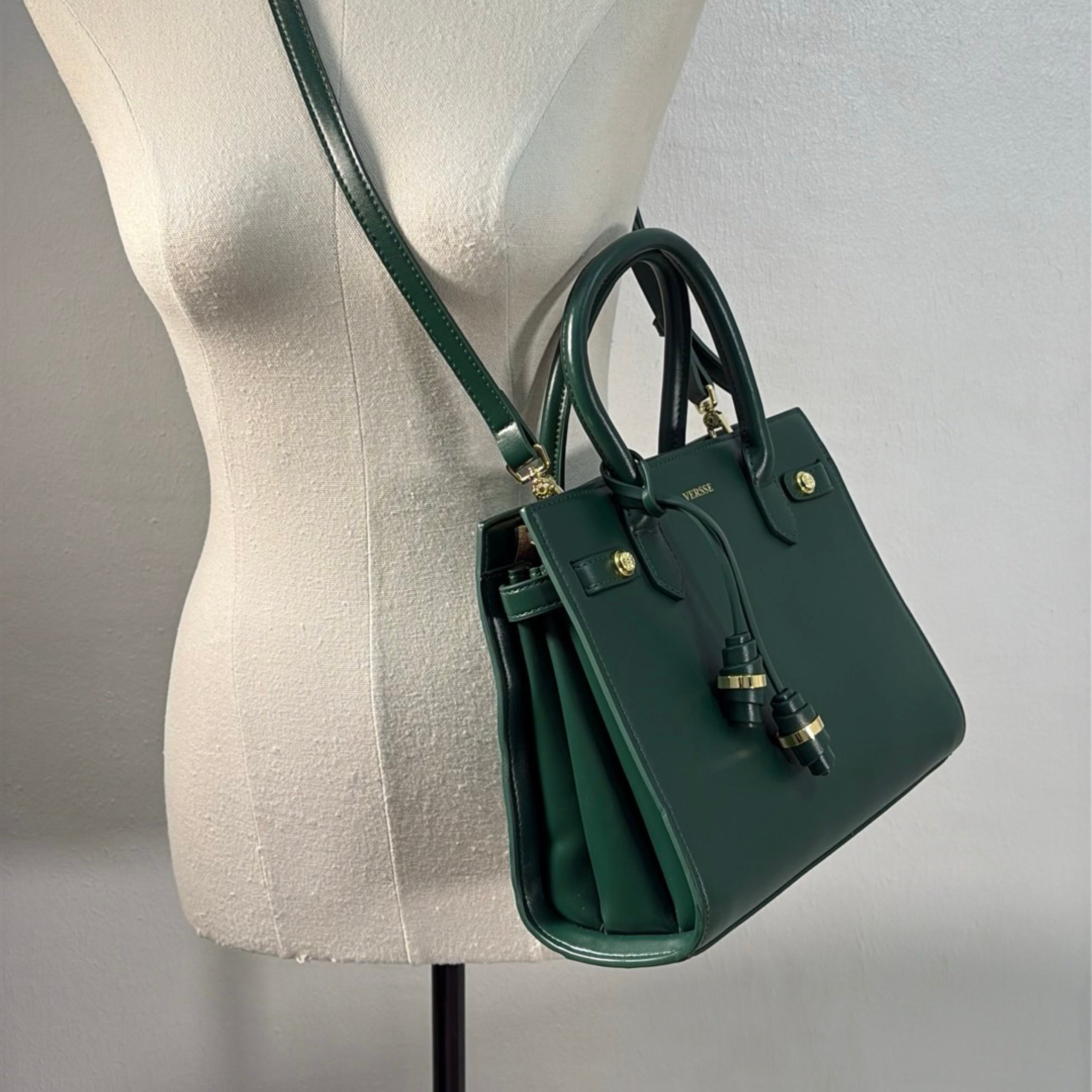 Versse Tassel Detail Structured Double Handle Bag in Green