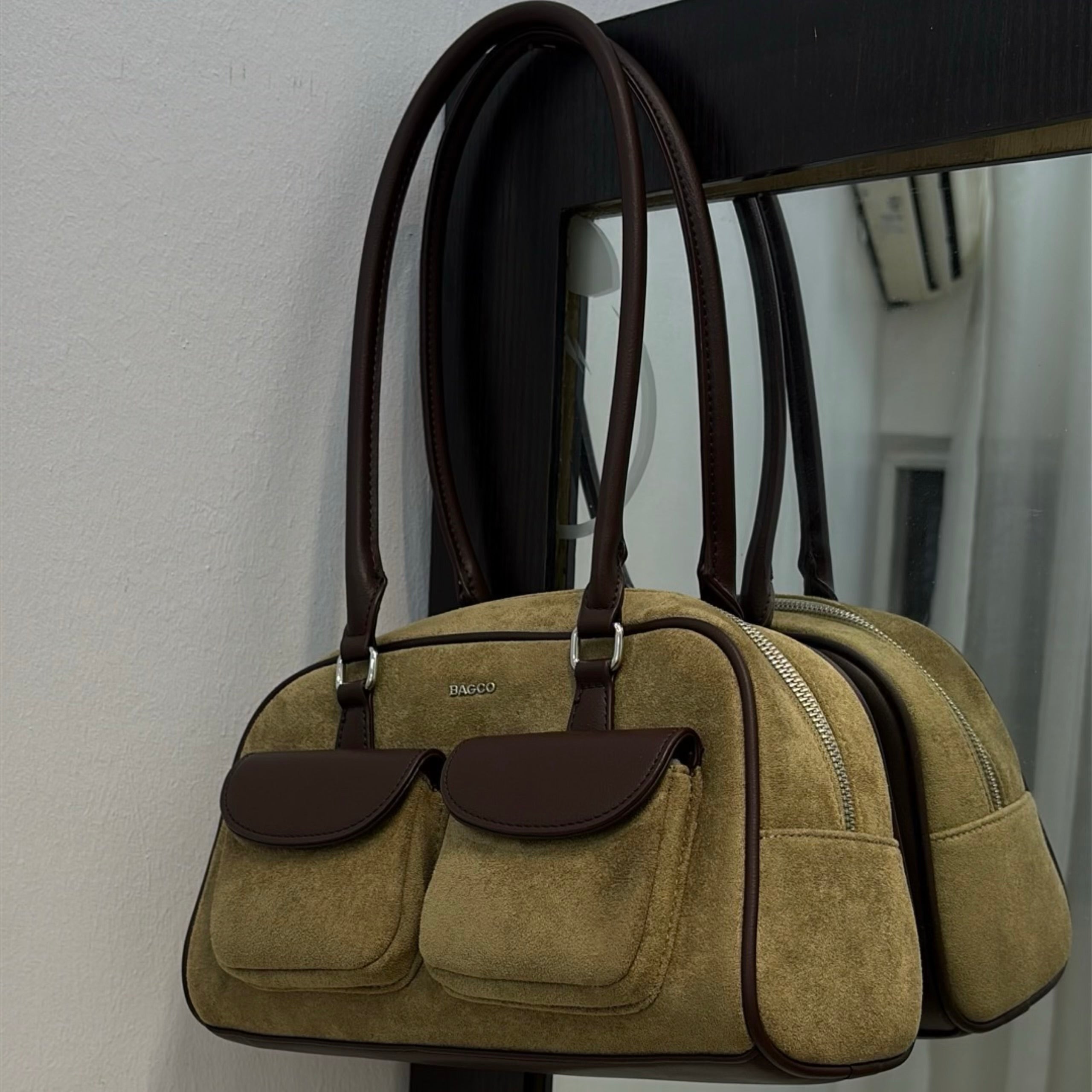 Bagco Pocket Detail Suede Bag in Khaki