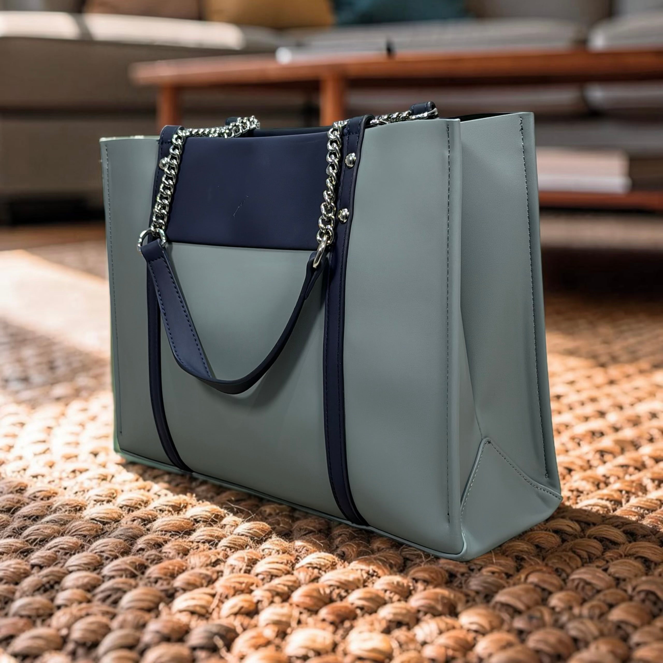 Chrisbella Two-Tone Chain Handle Bag in Blue