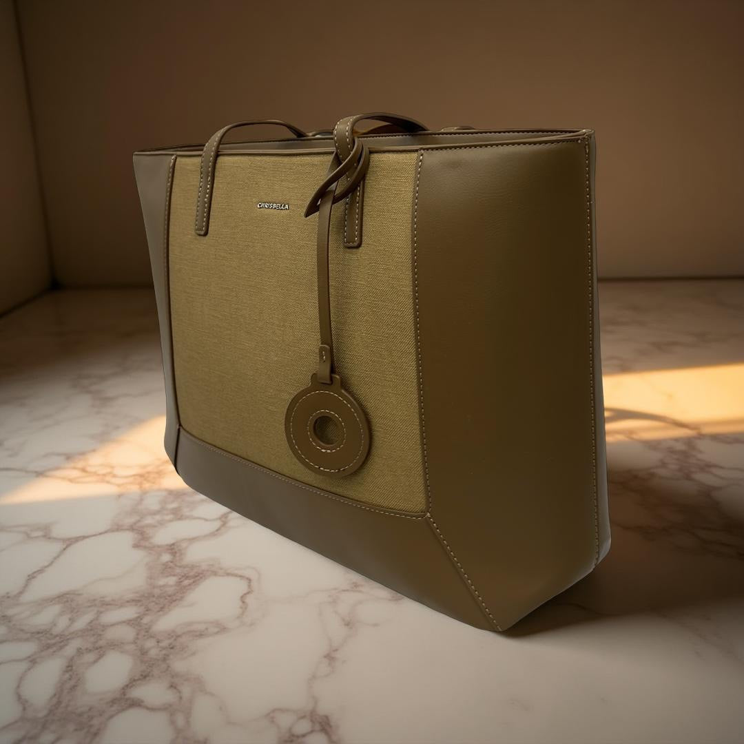 Chrisbella Two-Tone Large Tote in Khaki