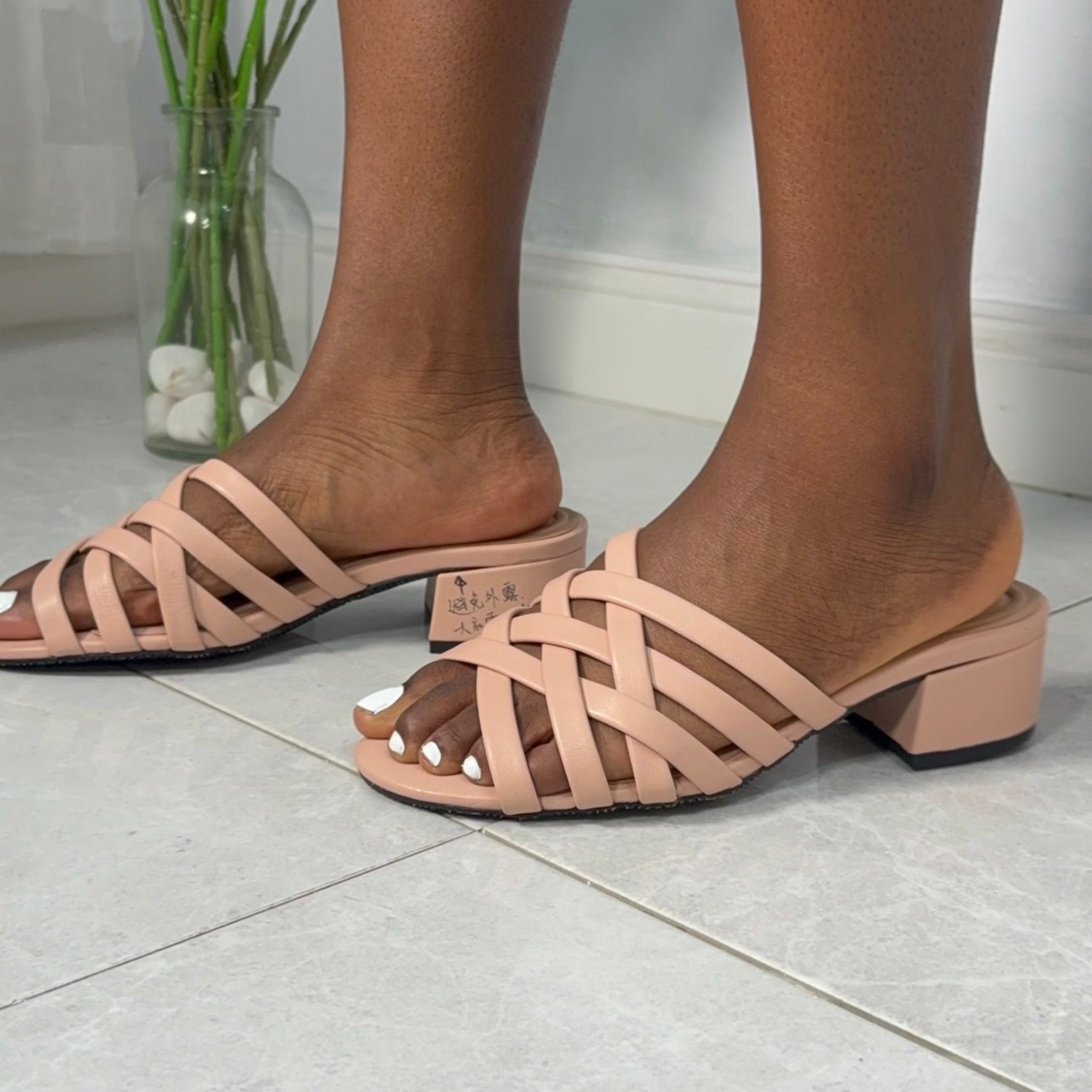 Wyder Studios Cross Strap Block Heel Mule in Blush