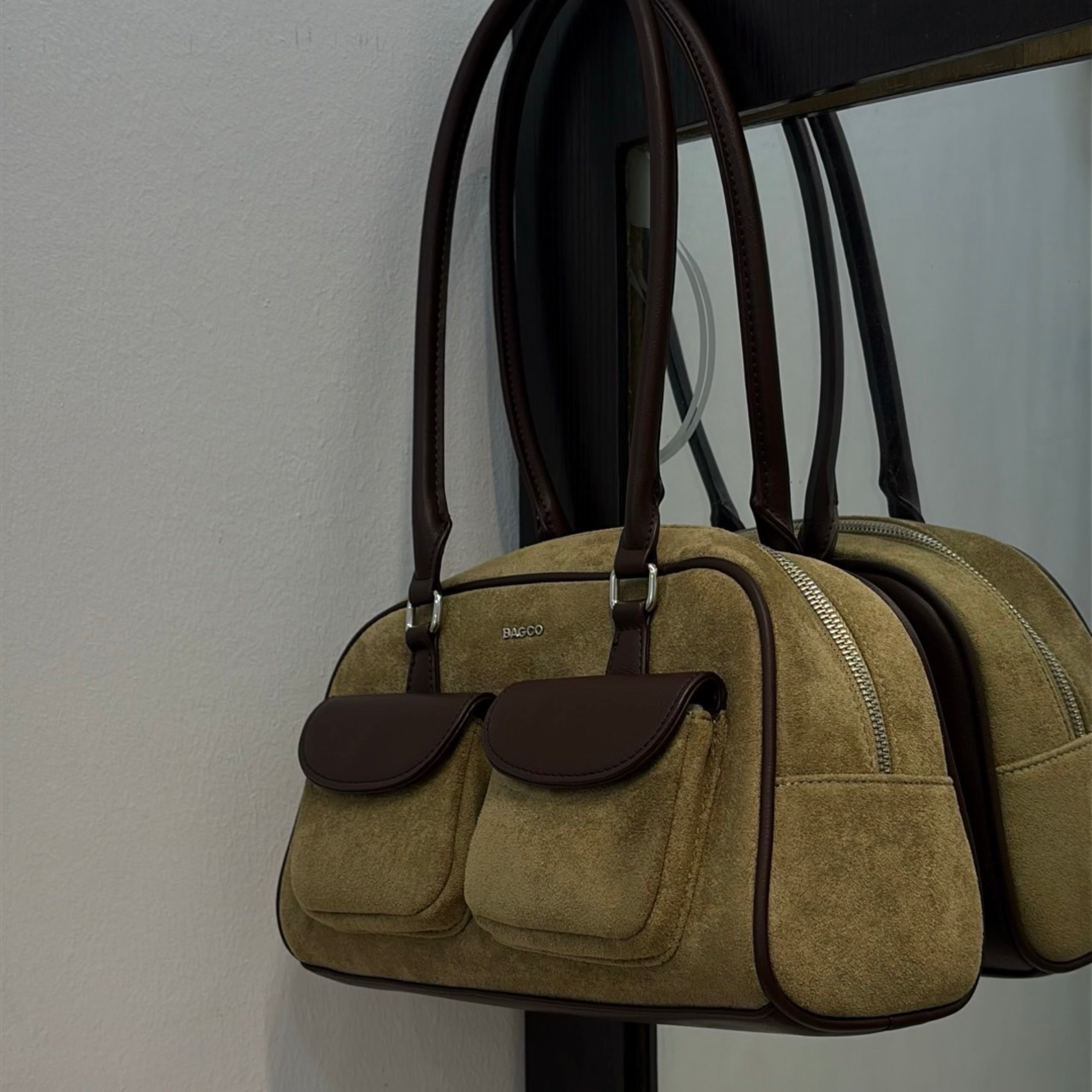 Bagco Pocket Detail Suede Bag in Khaki