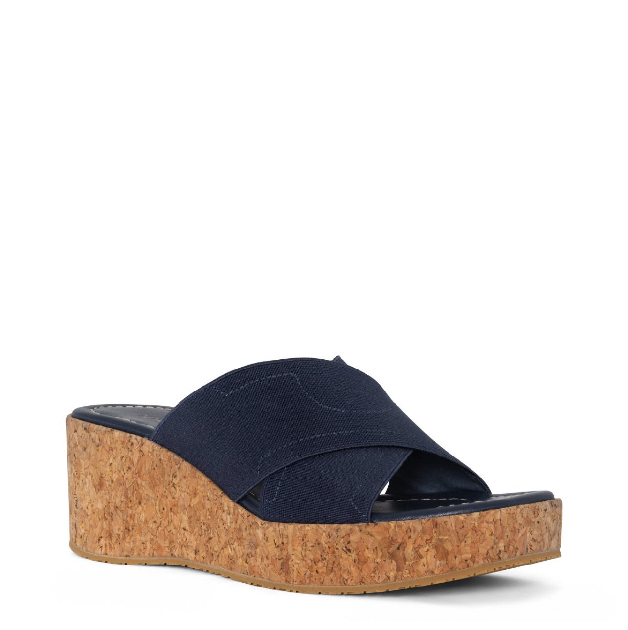 DONALD PLINER ELASTIC CROSS STRAP WEDGE SANDAL IN NAVY