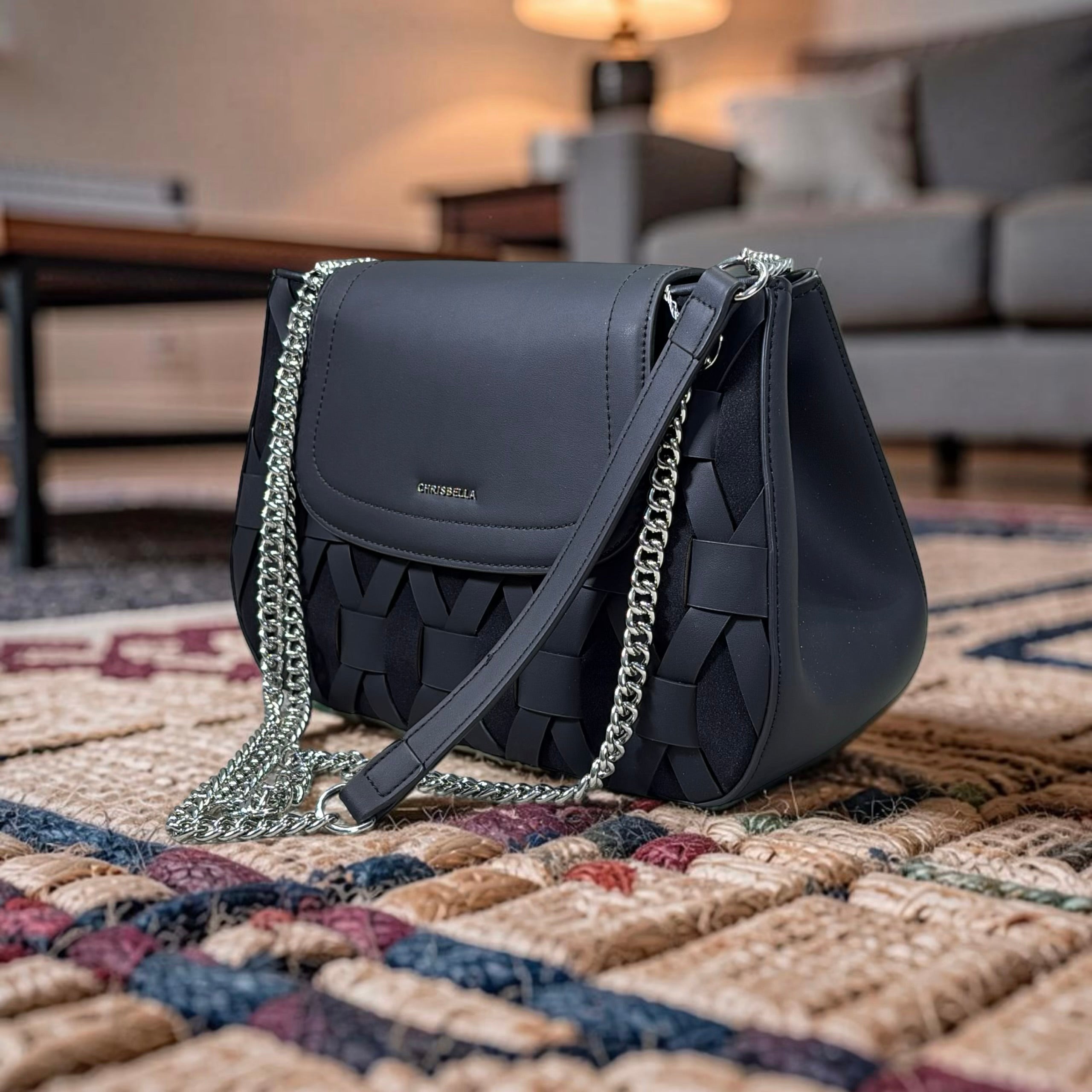Chrisbella Woven Detail Chain Handle Sling bag in Black