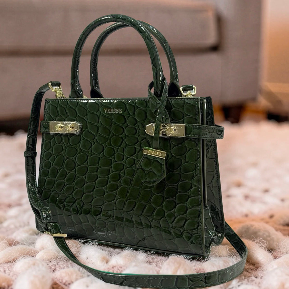 Versse Structured Leather Faux Croc Skin Bag in Green