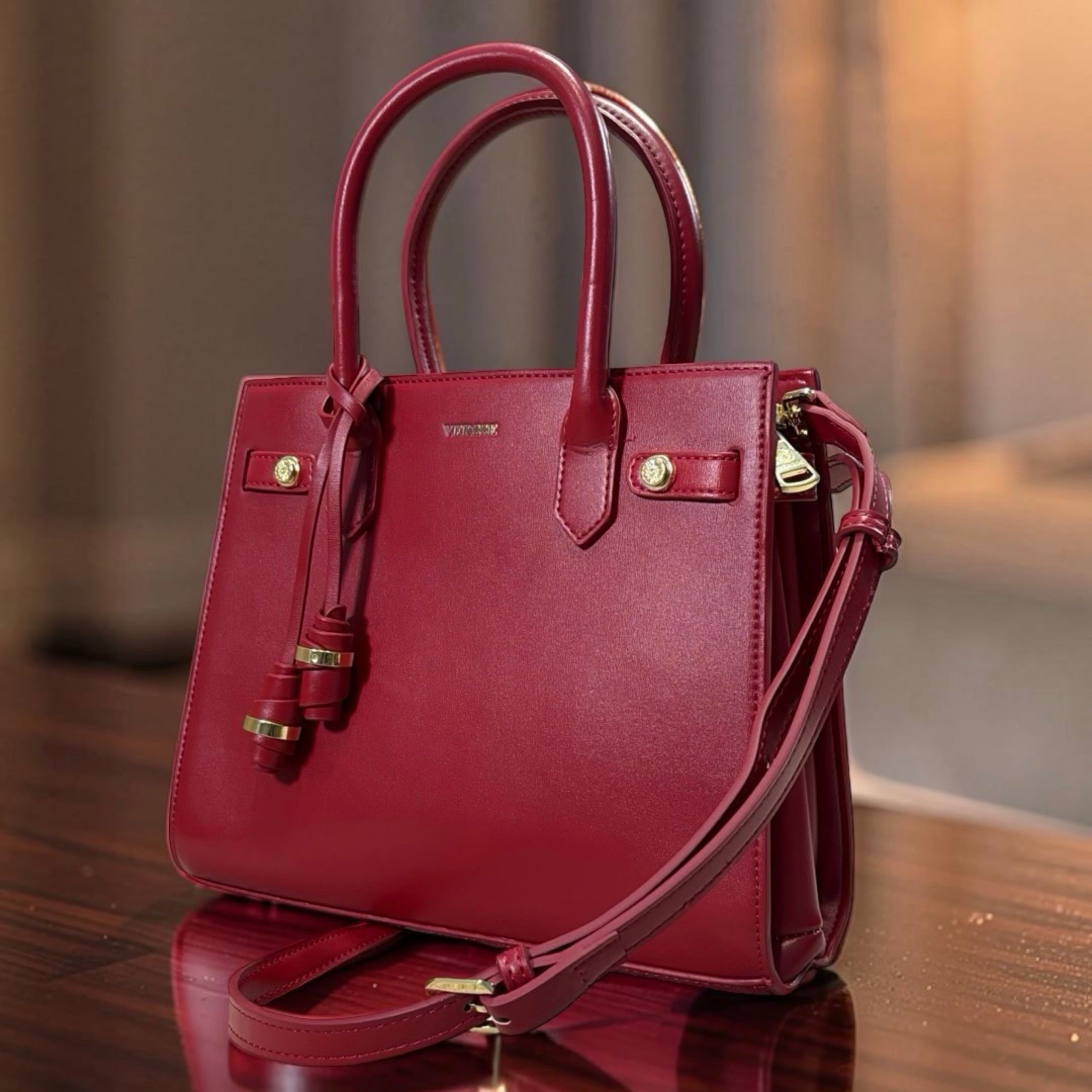 Versse Tassel Detail Structured Double Handle Bag in Bordo
