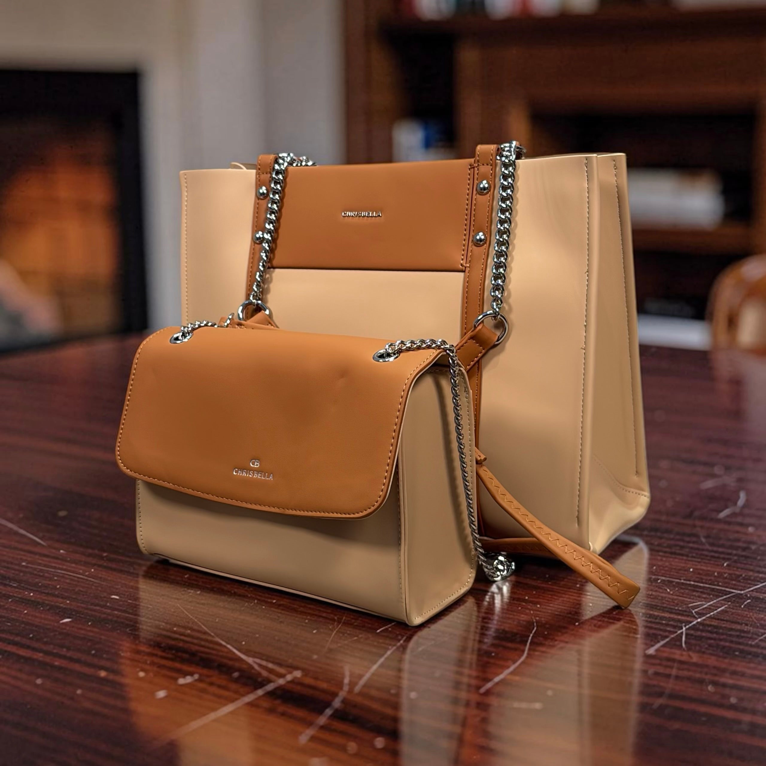 Chrisbella Two-Tone Chain Handle Bag in Beige