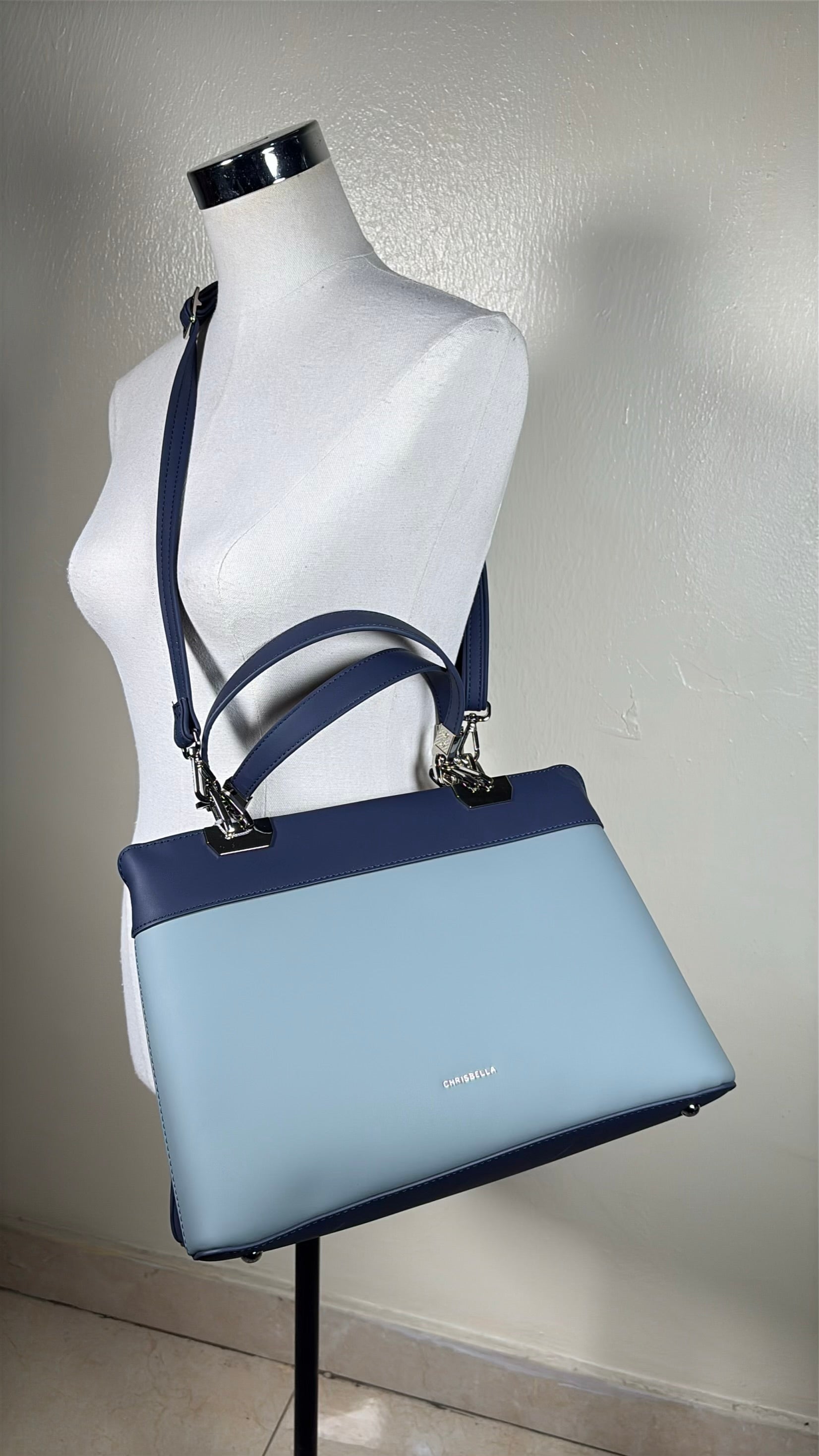 Chrisbella Metal Detail Double Handle 2-in-1 Bag in Navy