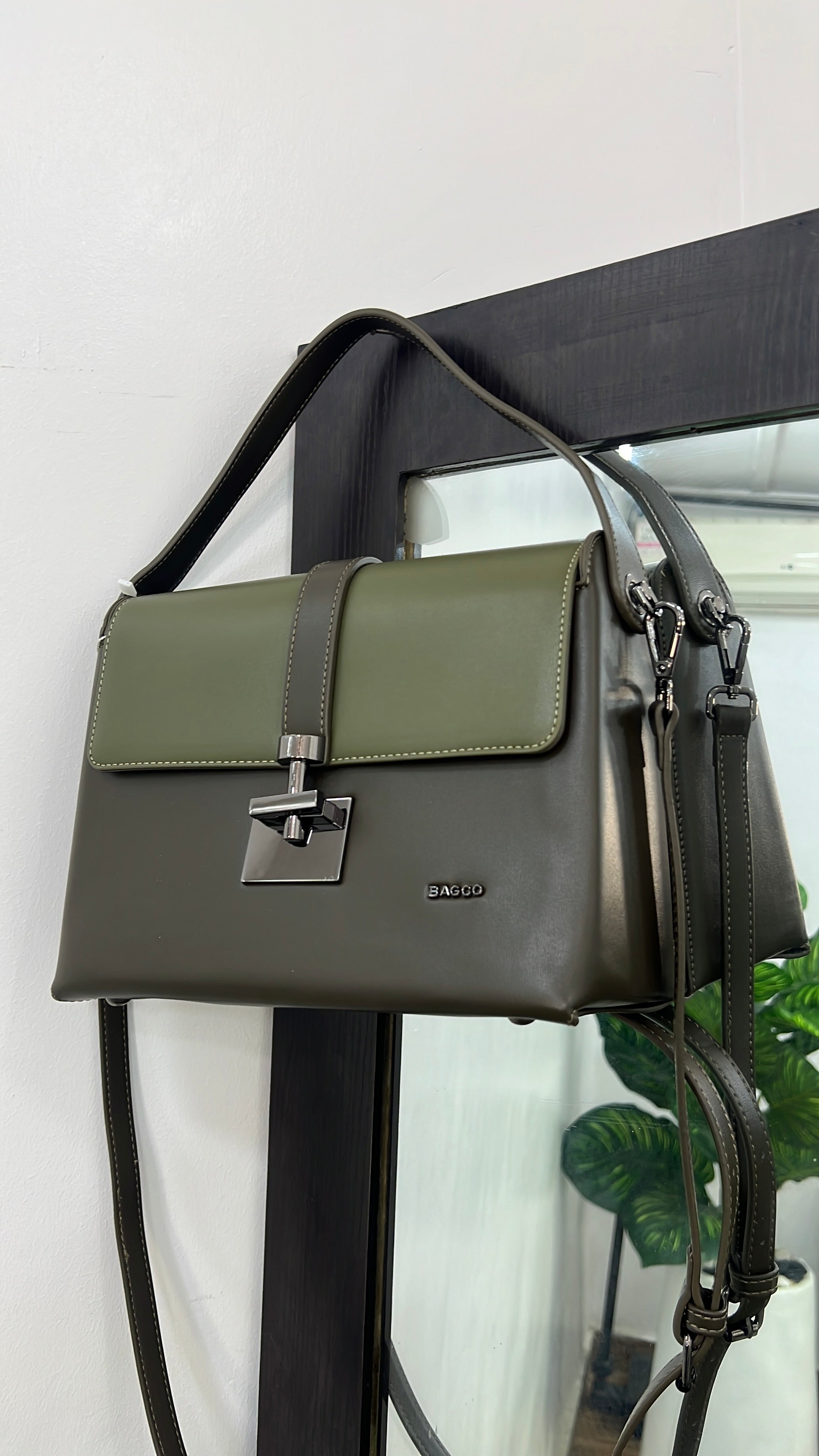 Bagco Tow-Tone Structured Top-Handle Bag in Army Green