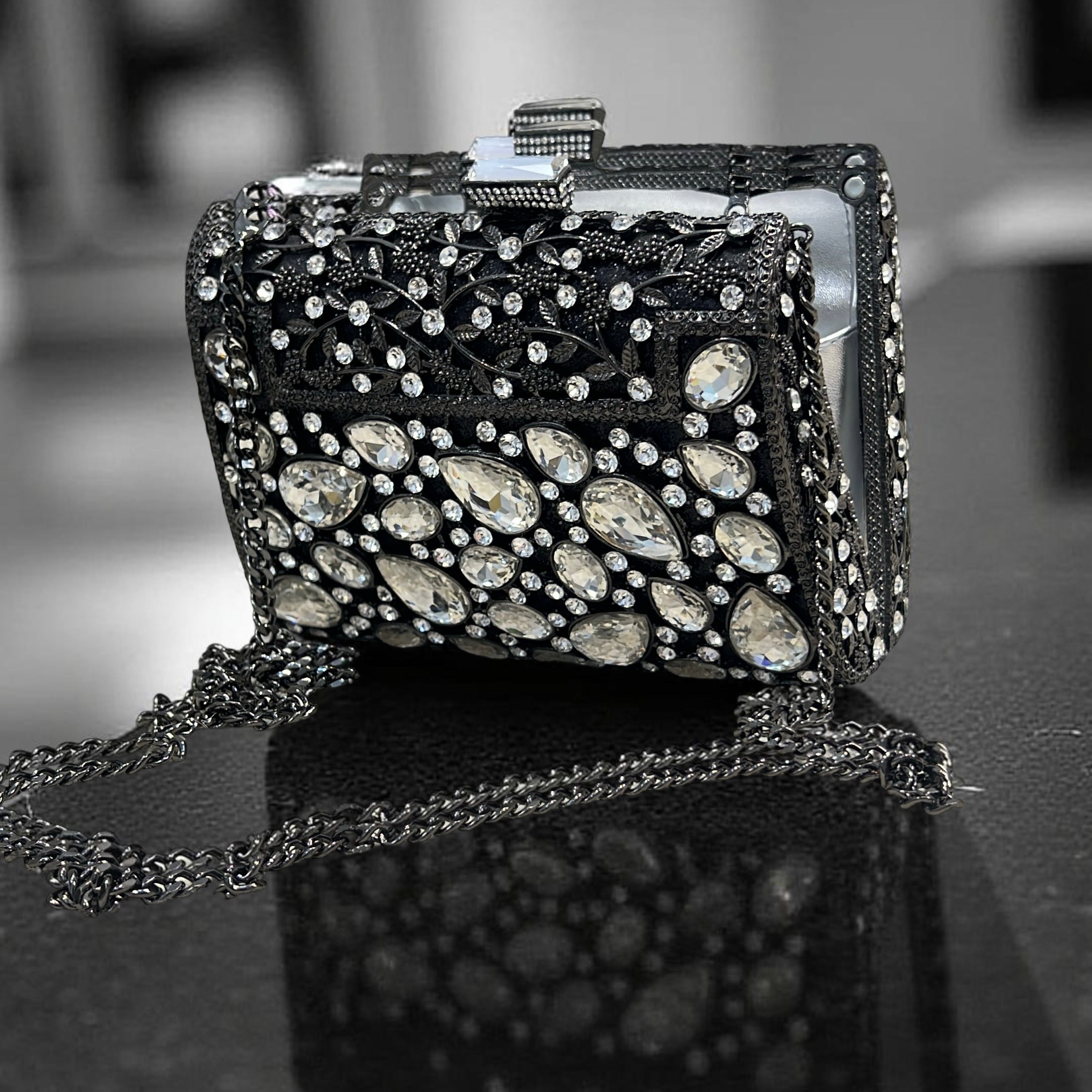Milan Luxe Clutch Structured Party Purse with Stones in Black