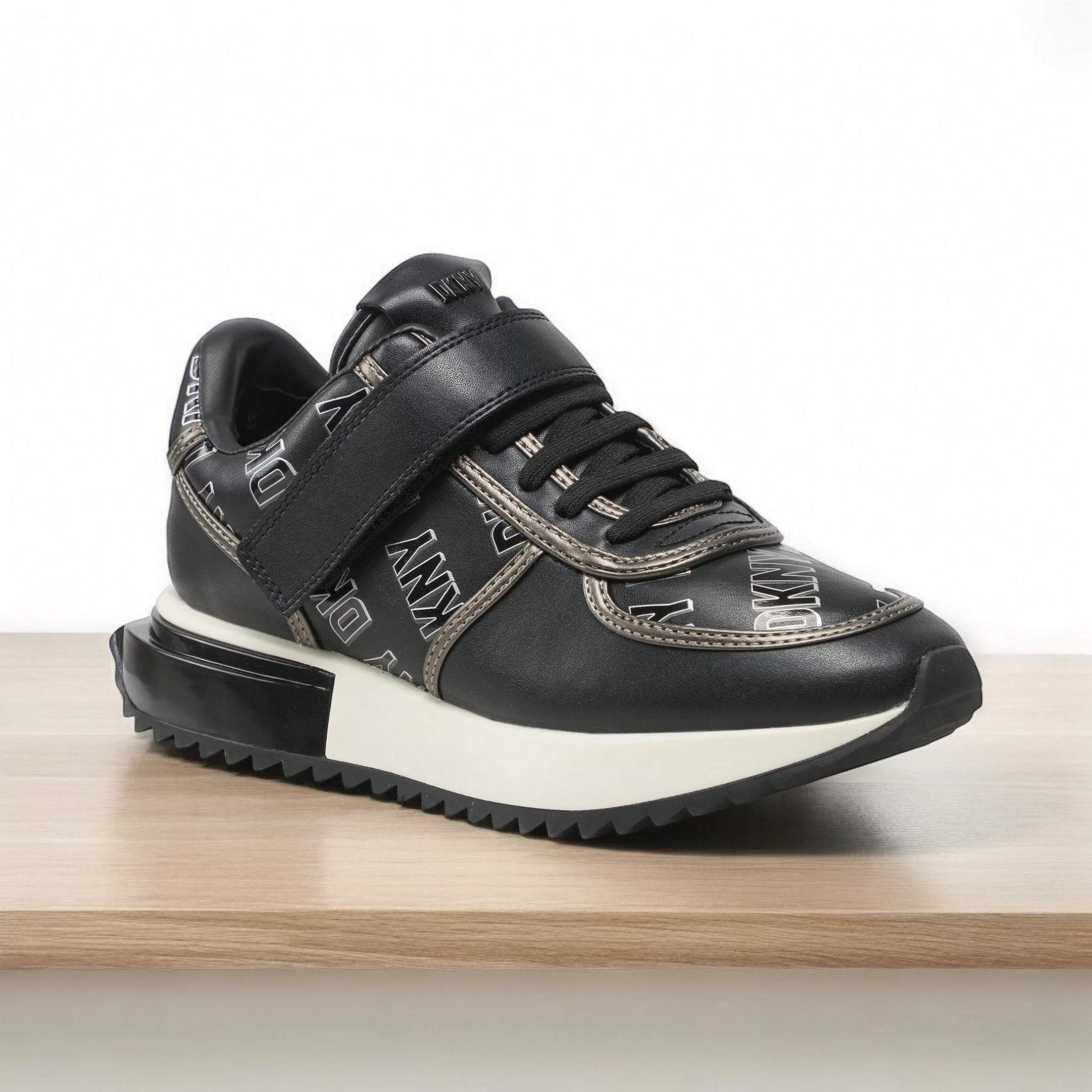 DKNY MONOGRAM VELCRO CLOSURE SNEAKERS IN BLACK