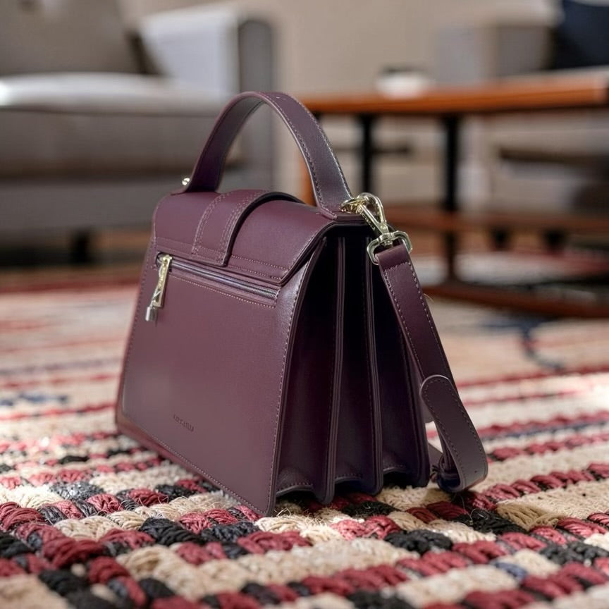 Chrisbella Top Handle Flap Two-Tone Bag in Burgundy