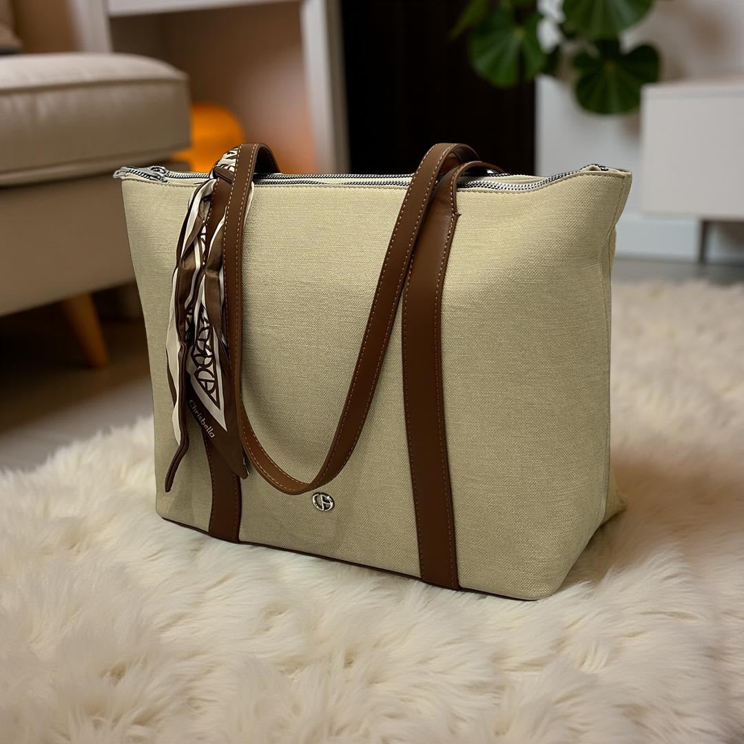 Chrisbella Large Fabric Finish Double Strap Bag in Off-White