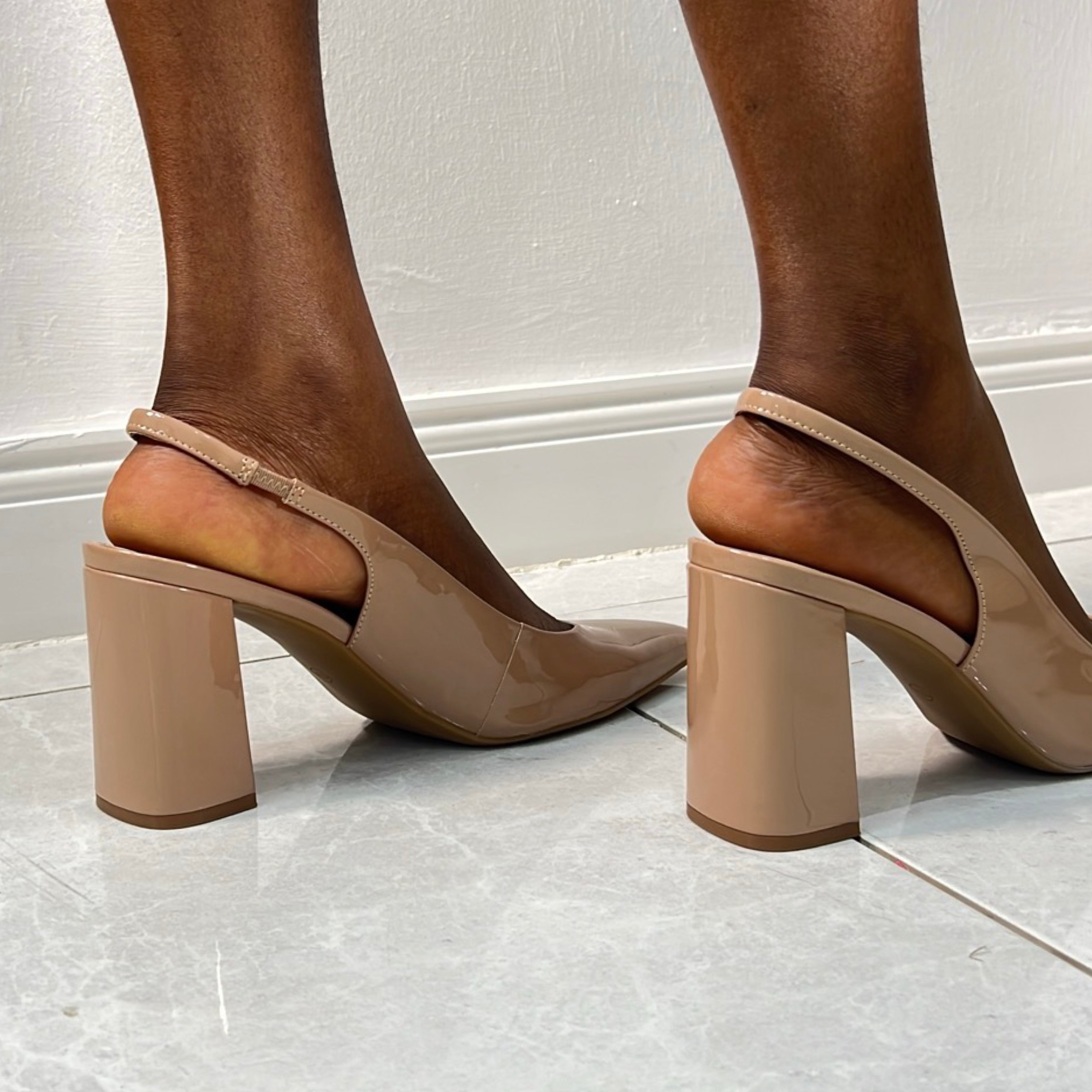 Calvin Klein Patent Leather Pointed Toe Block Heel Slingbacks in Nude