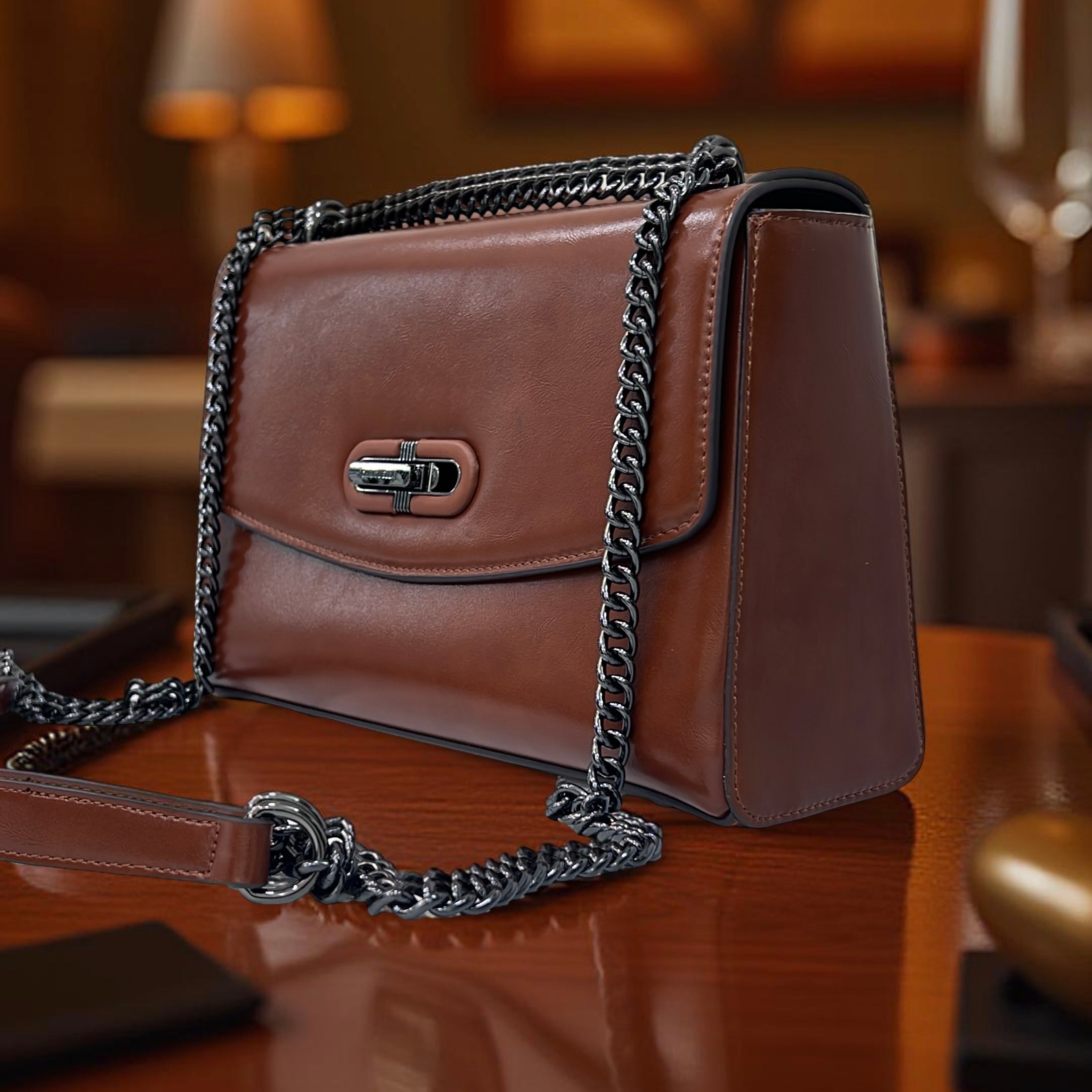 Chrisbella Leather Slide-Knob Sling Bag in Brown