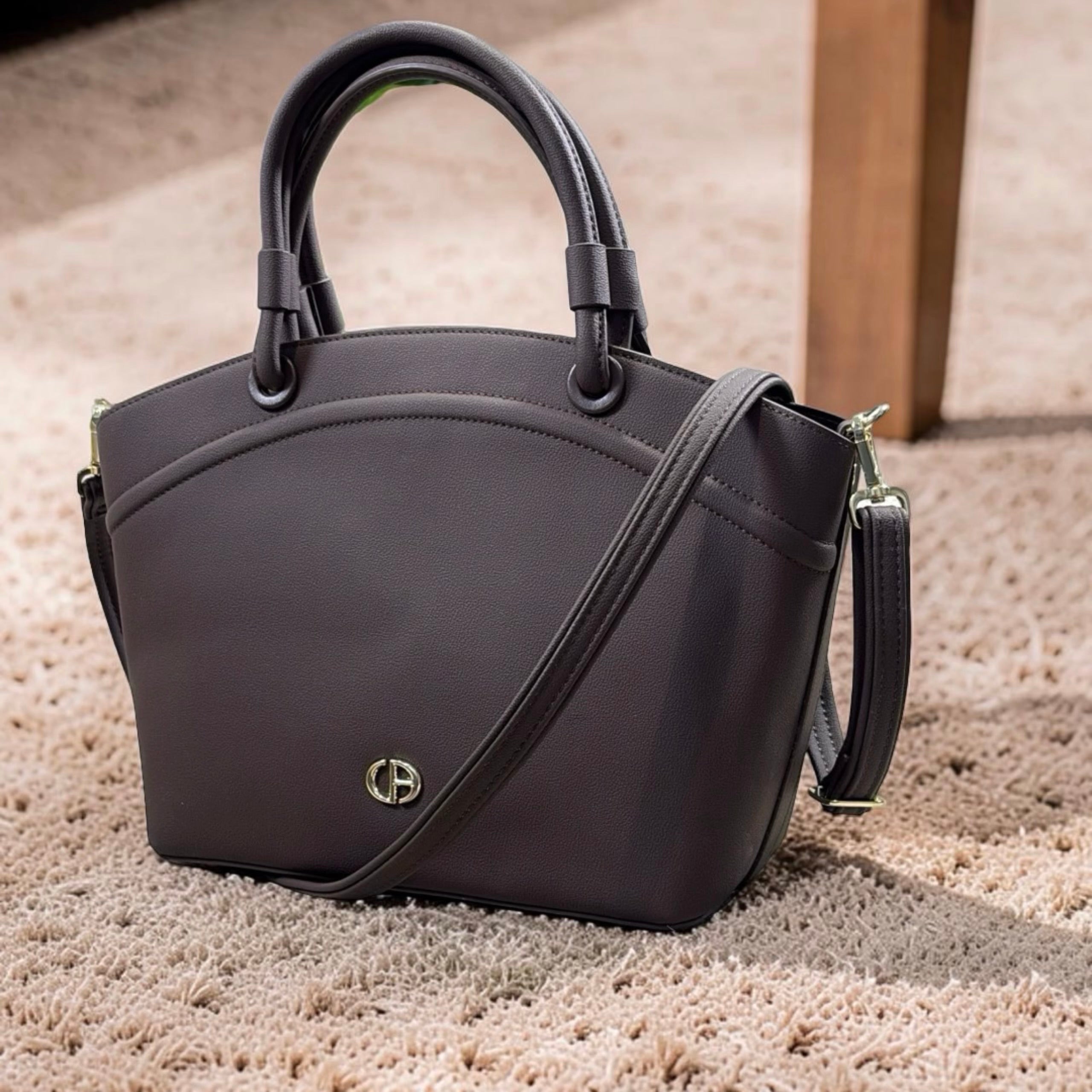 Chrisbella Triple Compartment Double Handle Bag in Coffee