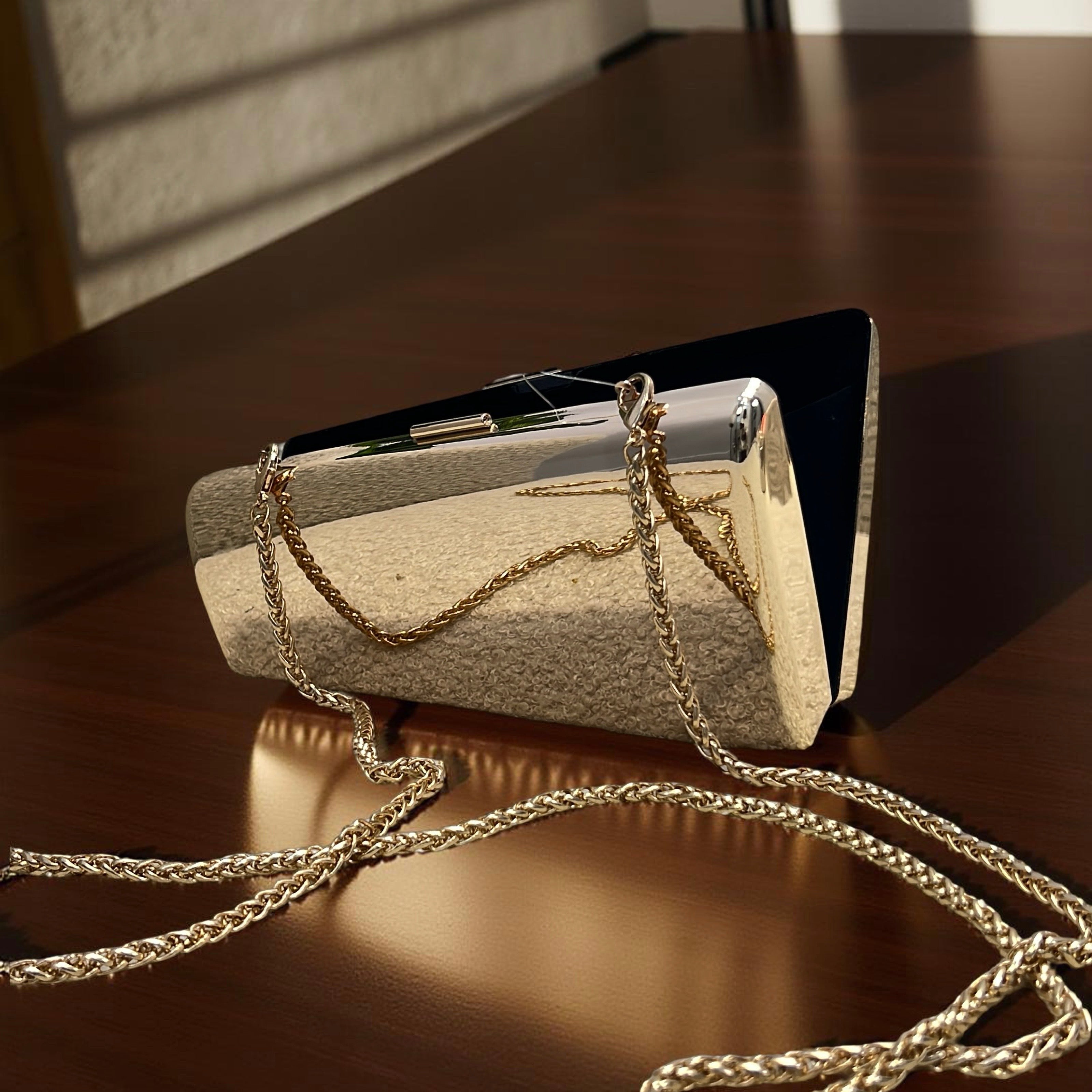 Classic Metallic Magnetic Clasp Slanted Clutch Purse in Gold