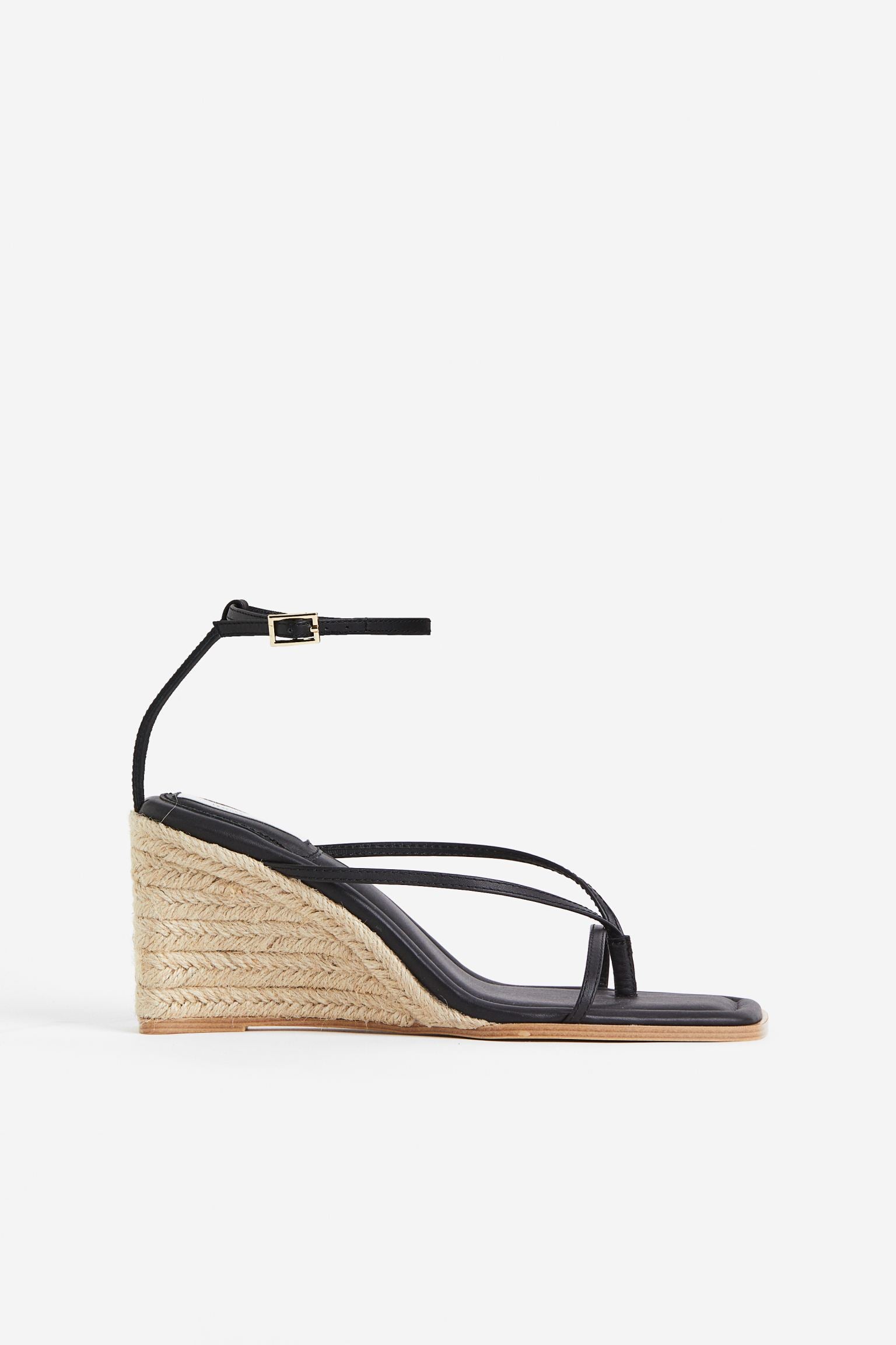 H & M BLACK LEATHER STRAPPY RAFFIA WEDGE SANDAL