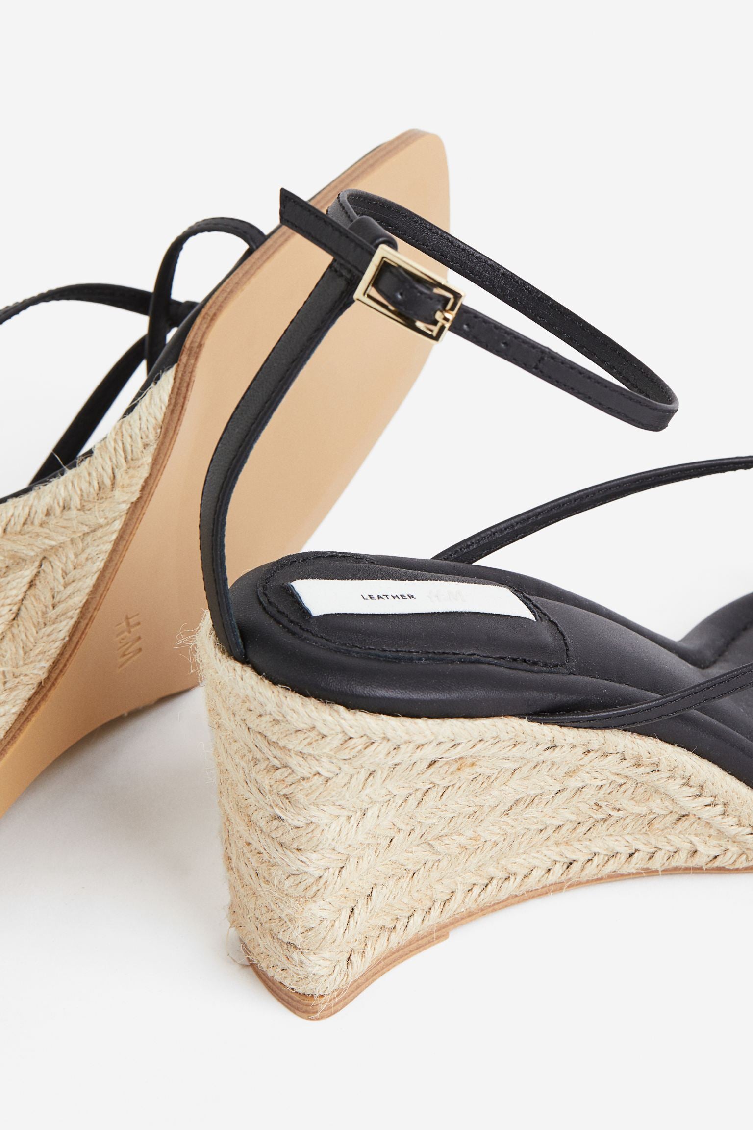 H & M BLACK LEATHER STRAPPY RAFFIA WEDGE SANDAL