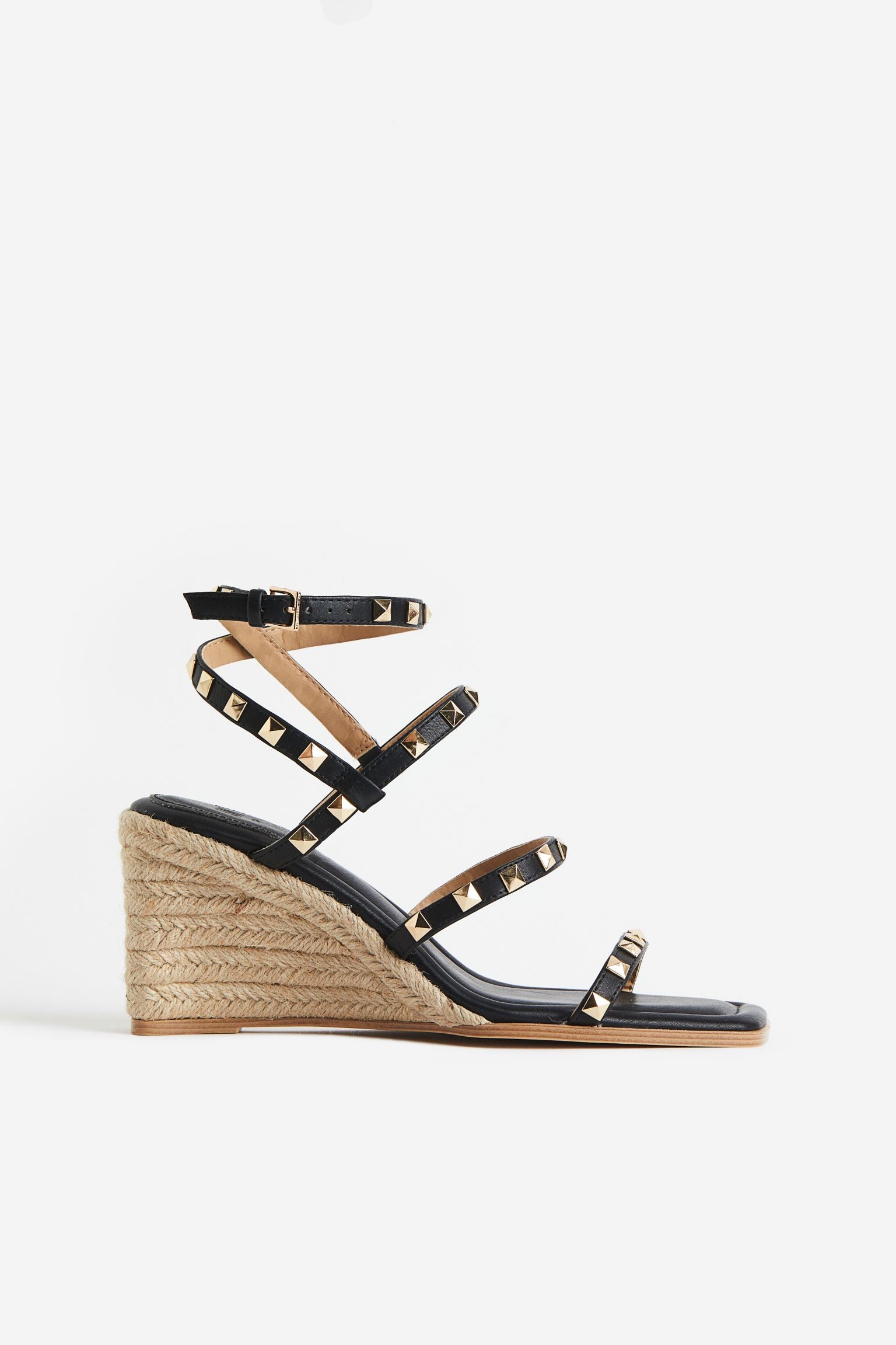 H & M BLACK MICRO STUD RAFFIA WEDGE SANDAL