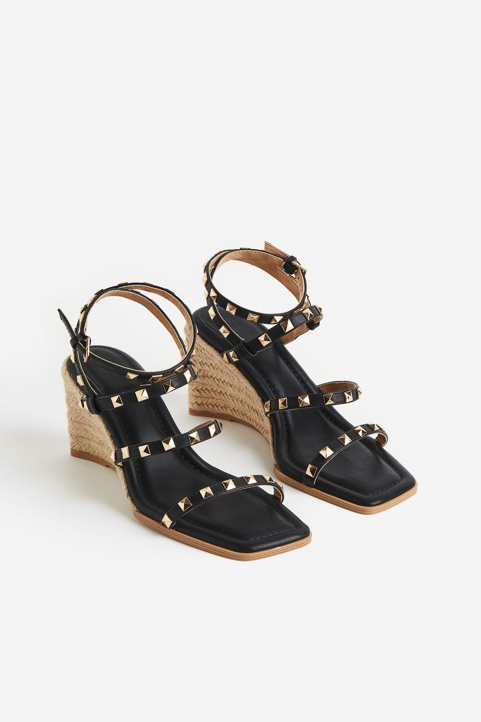 H & M BLACK MICRO STUD RAFFIA WEDGE SANDAL