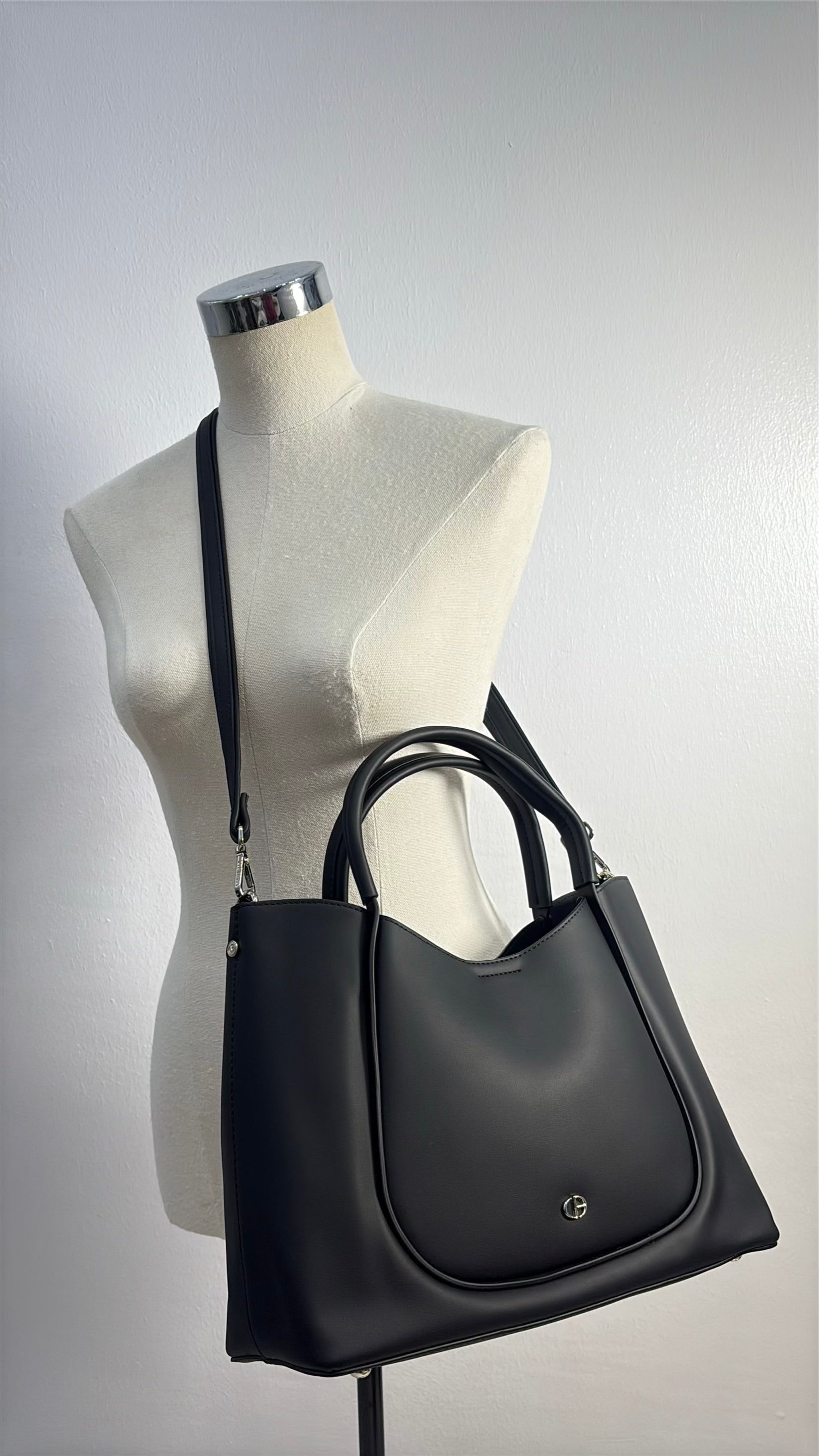 Chrisbella Double Handle Nubuck Leather Bag in Black