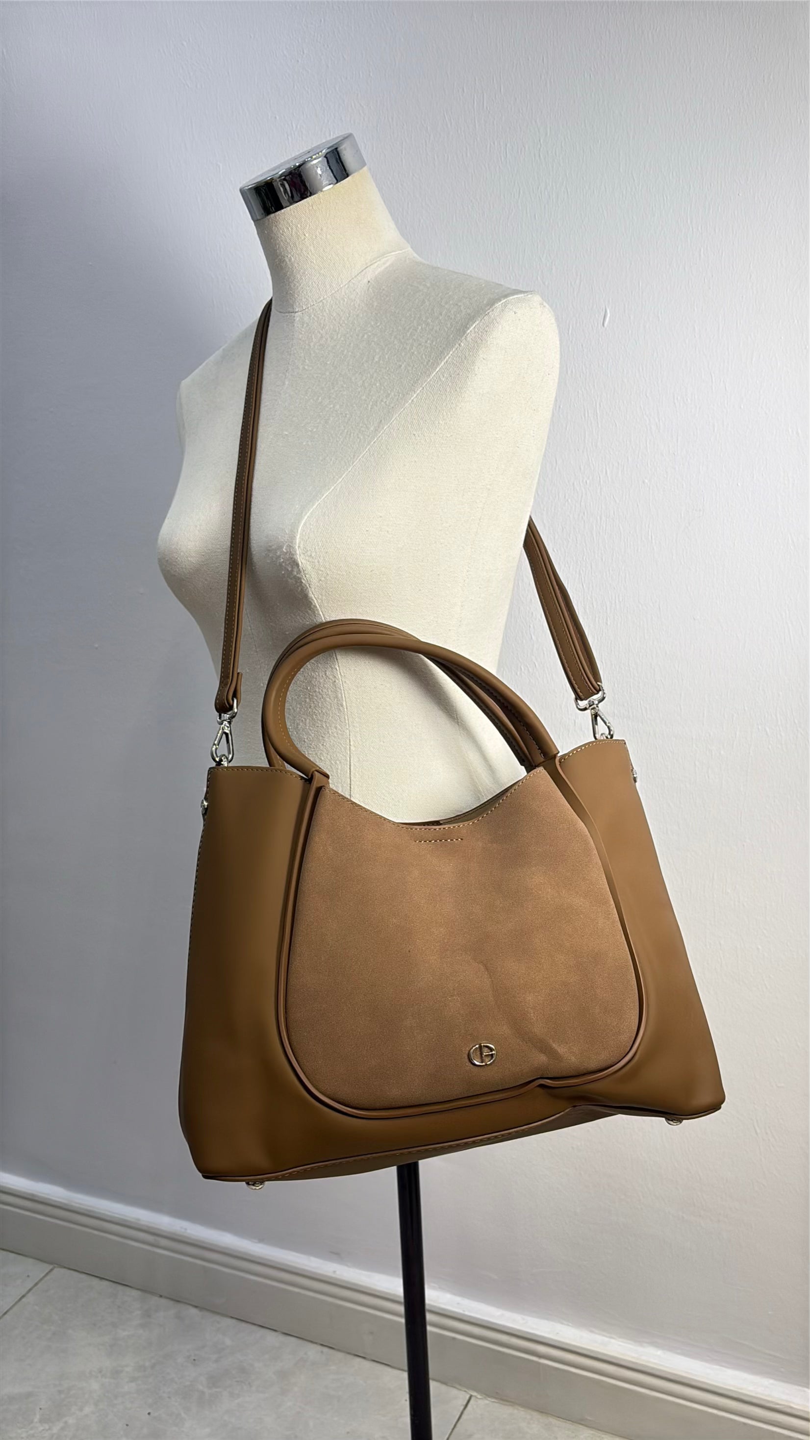 Chrisbella Double Handle Nubuck Leather Bag in Mud