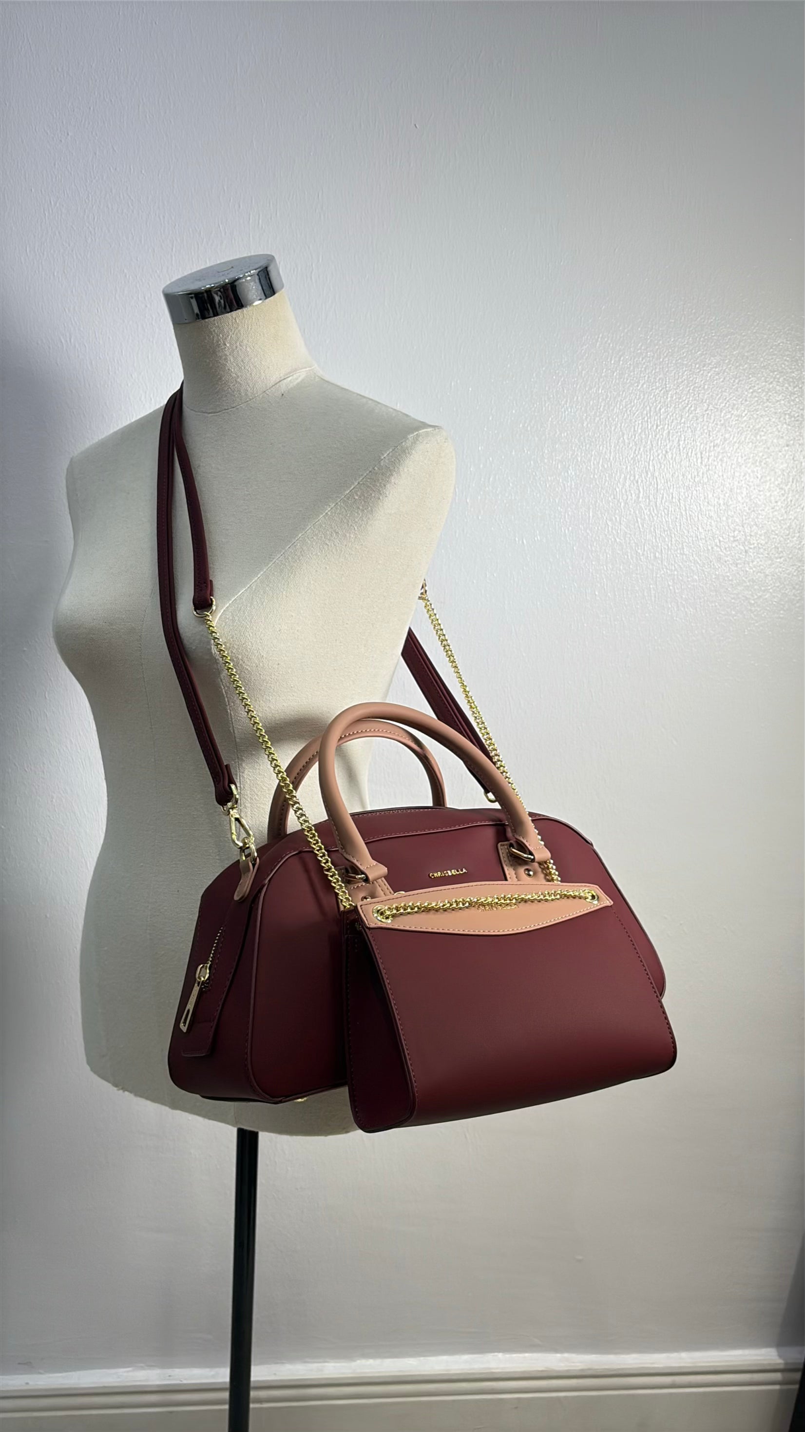 Chrisbella Two-in-One Contrast Handle Bag in Wine