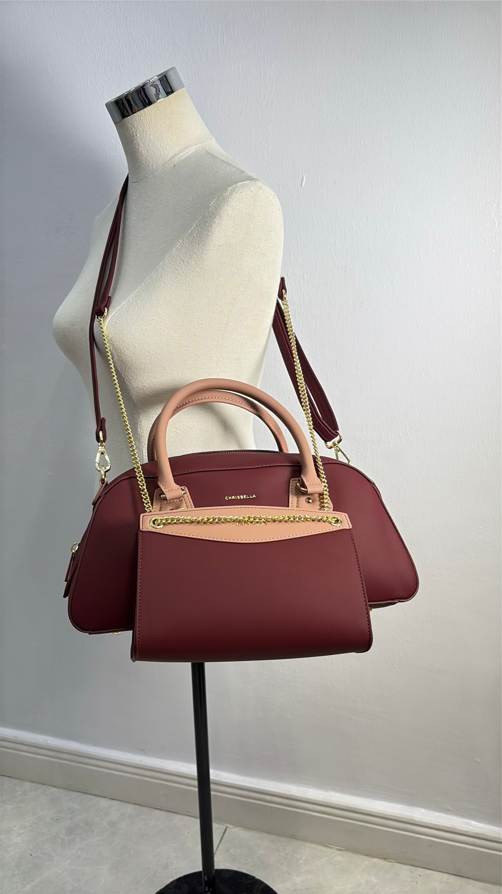Chrisbella Two-in-One Contrast Handle Bag in Wine