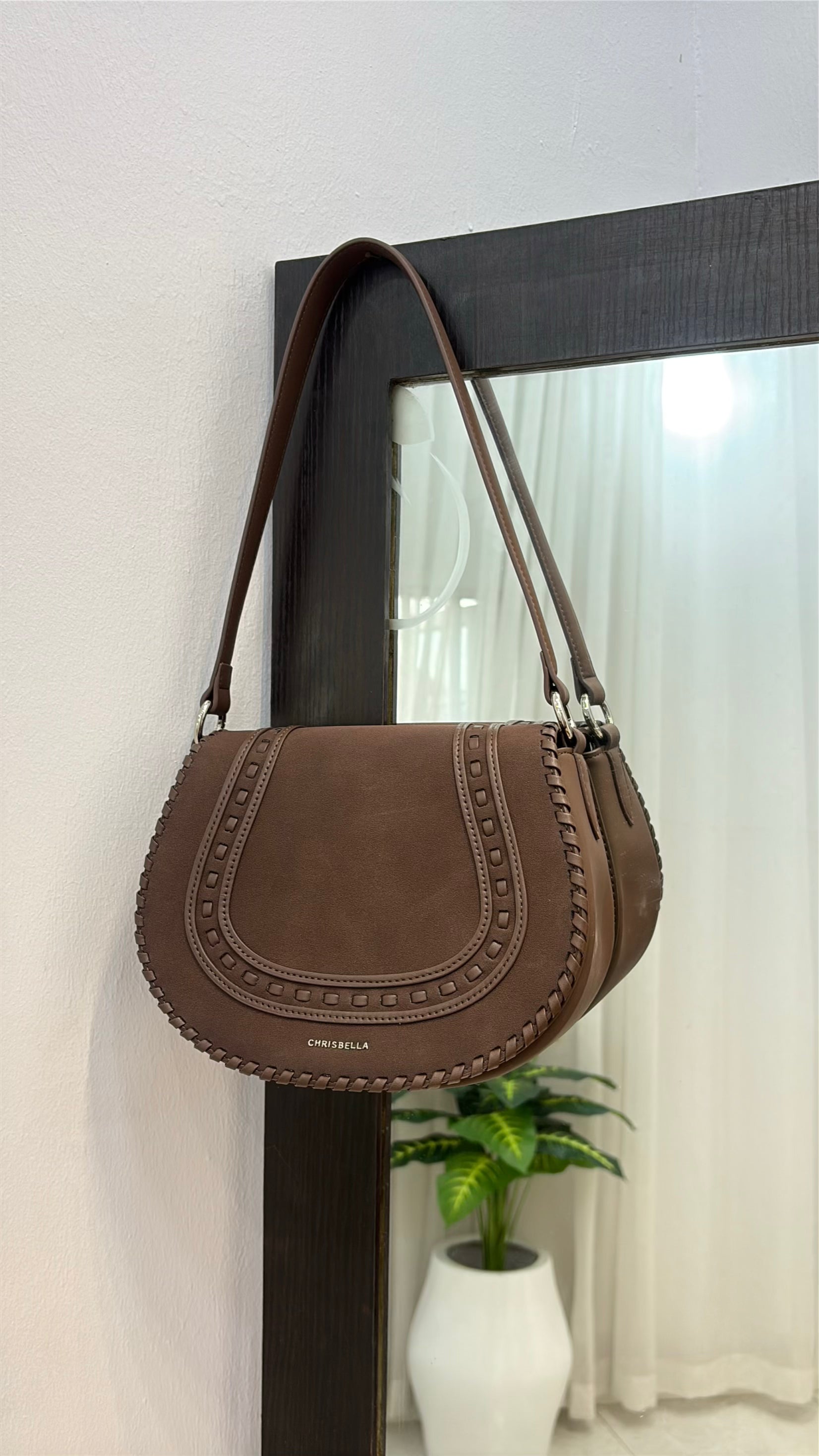 Chrisbella Suede Flap Double Strap Bag in Coffee