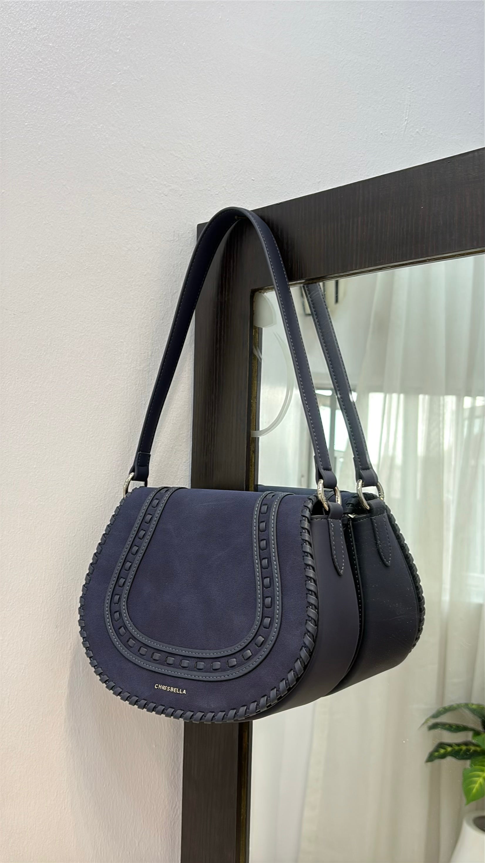 Chrisbella Suede Flap Double Strap Bag in Navy