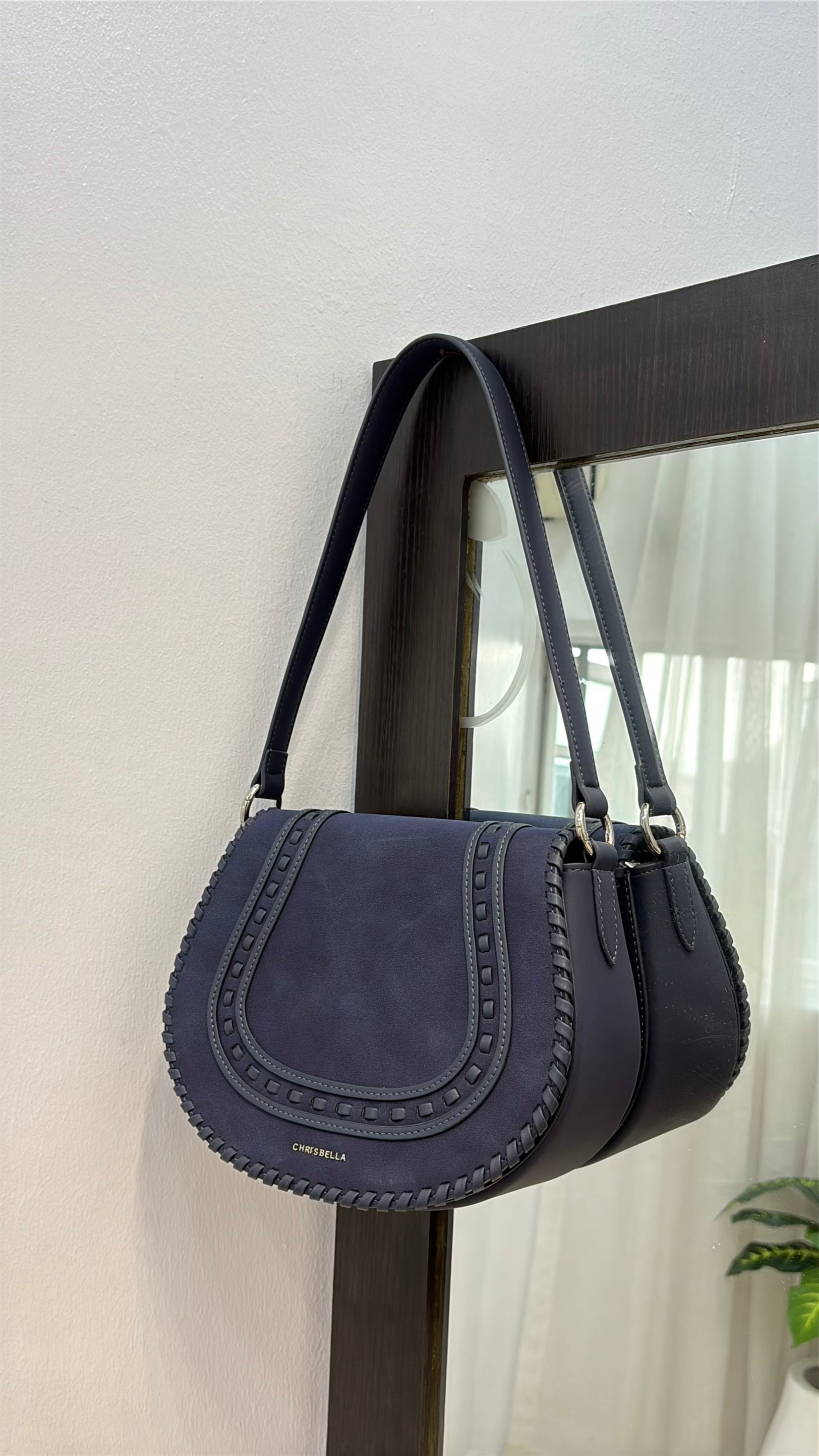 Chrisbella Suede Flap Double Strap Bag in Navy