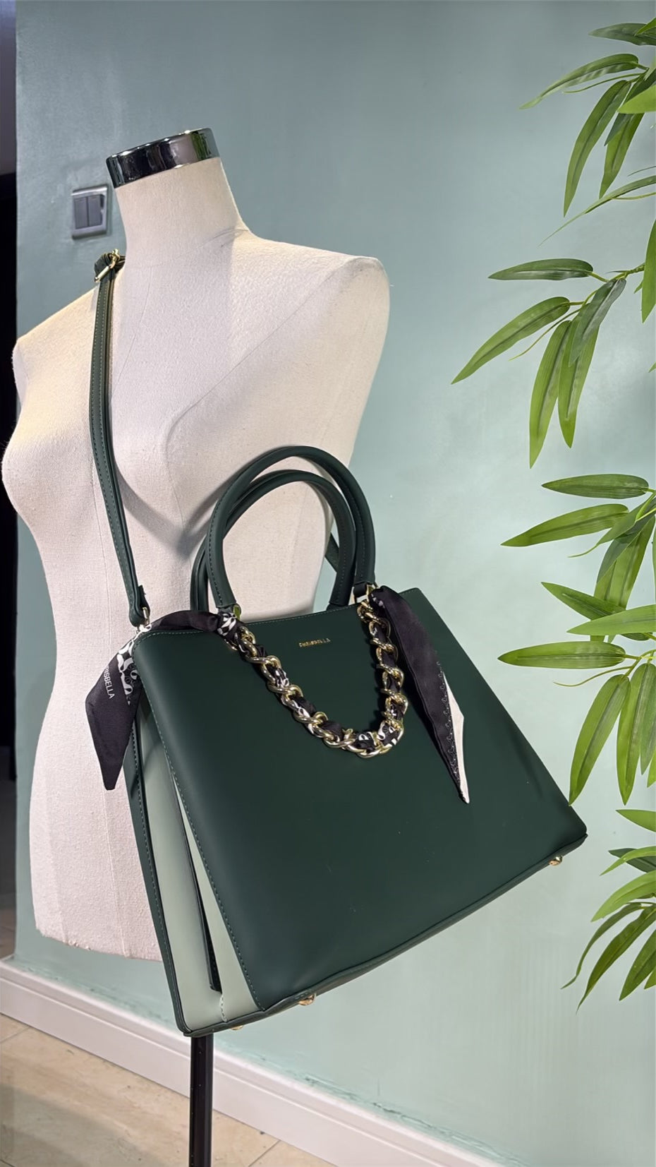 Chrisbella Scarf Detail 2-in-1 Two-Tone Bag in Green