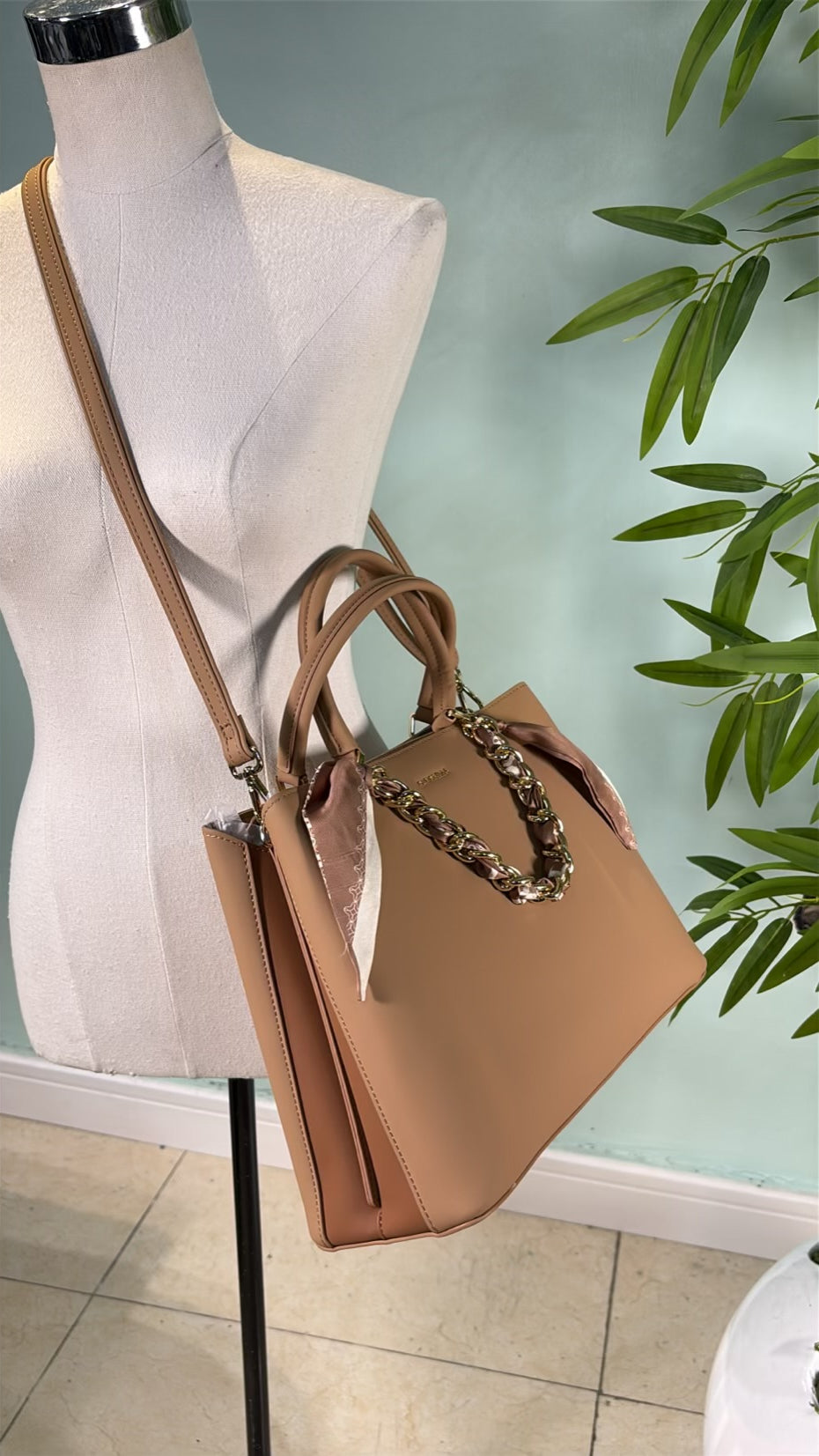 Chrisbella Scarf Detail 2-in-1 Tow-Tone Bag in Beige