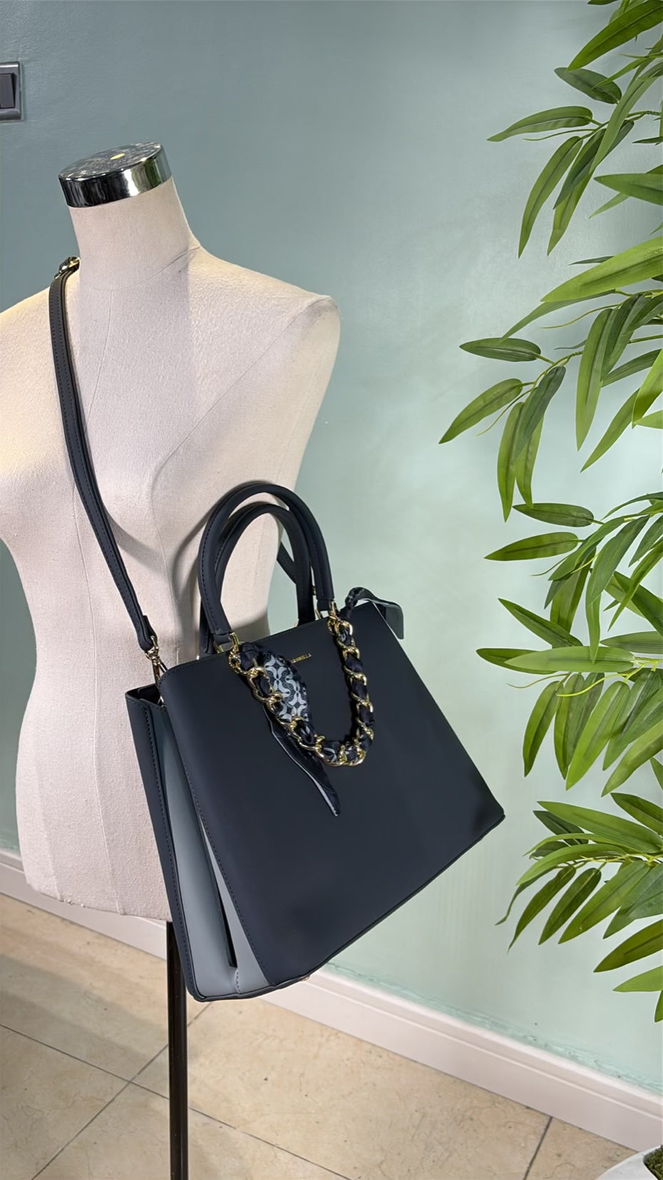 Chrisbella Scarf Detail 2-in-1 Two-Tone Bag in Navy