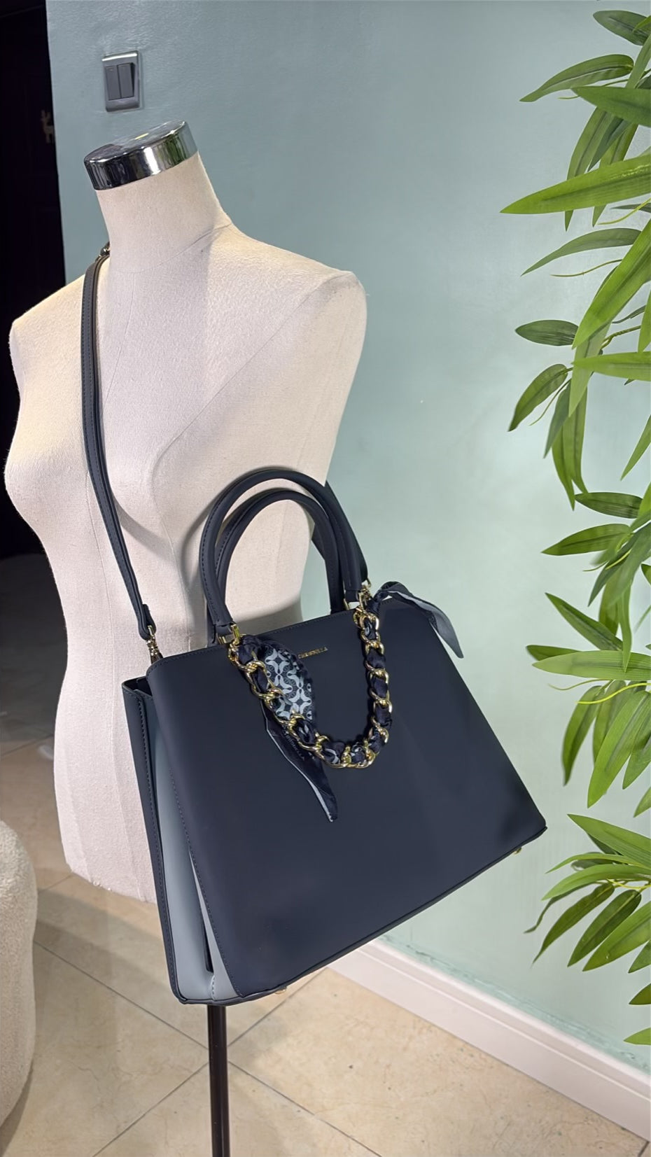 Chrisbella Scarf Detail 2-in-1 Two-Tone Bag in Navy