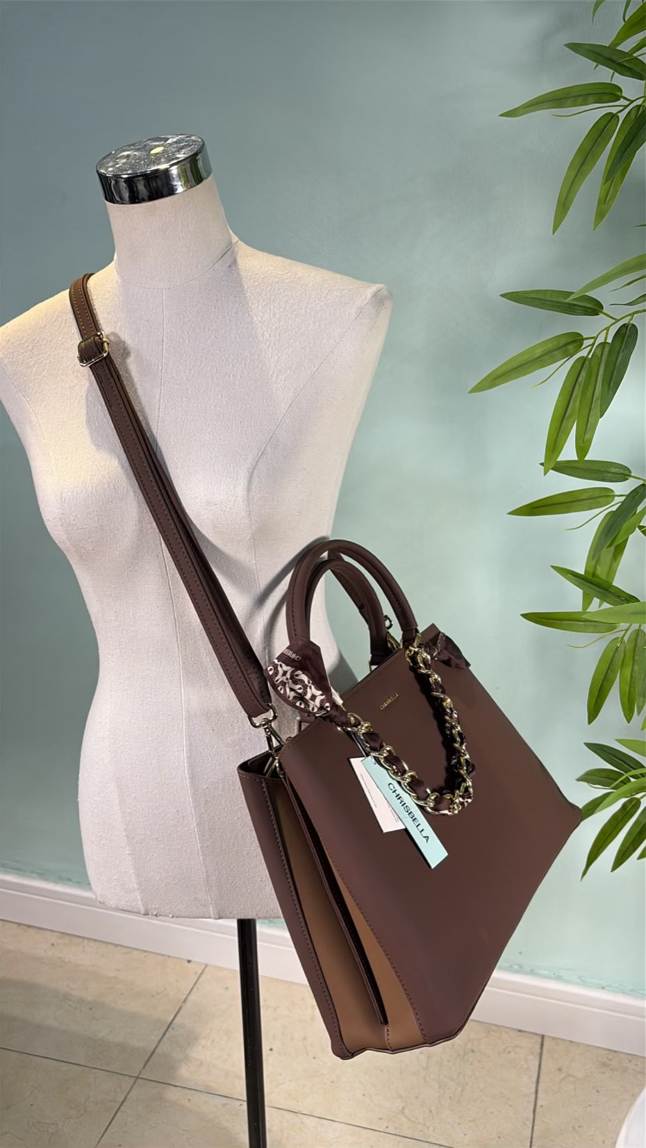 Chrisbella Scarf Detail 2-in-1 Two-Tone Bag in Coffee