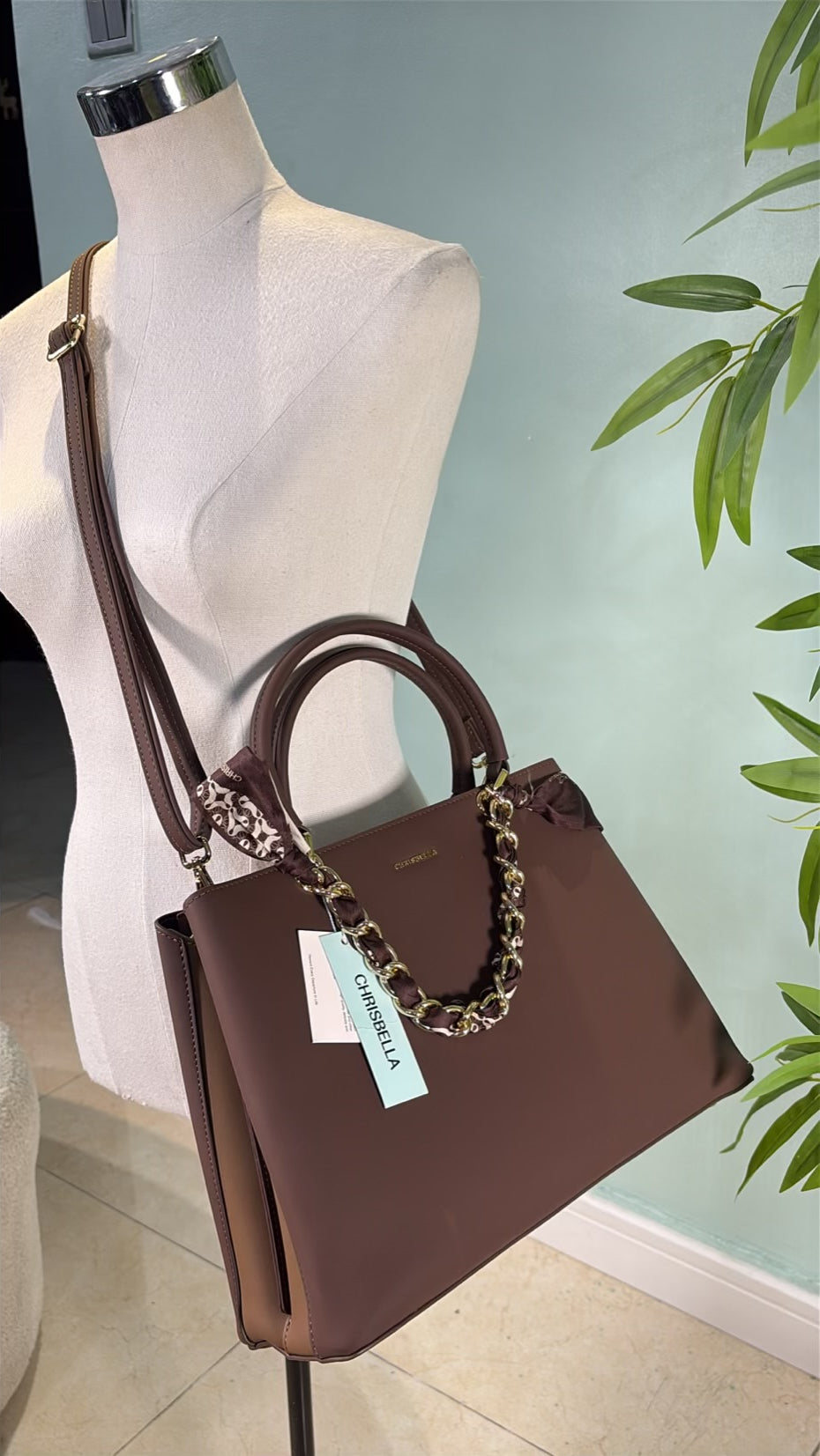 Chrisbella Scarf Detail 2-in-1 Two-Tone Bag in Coffee