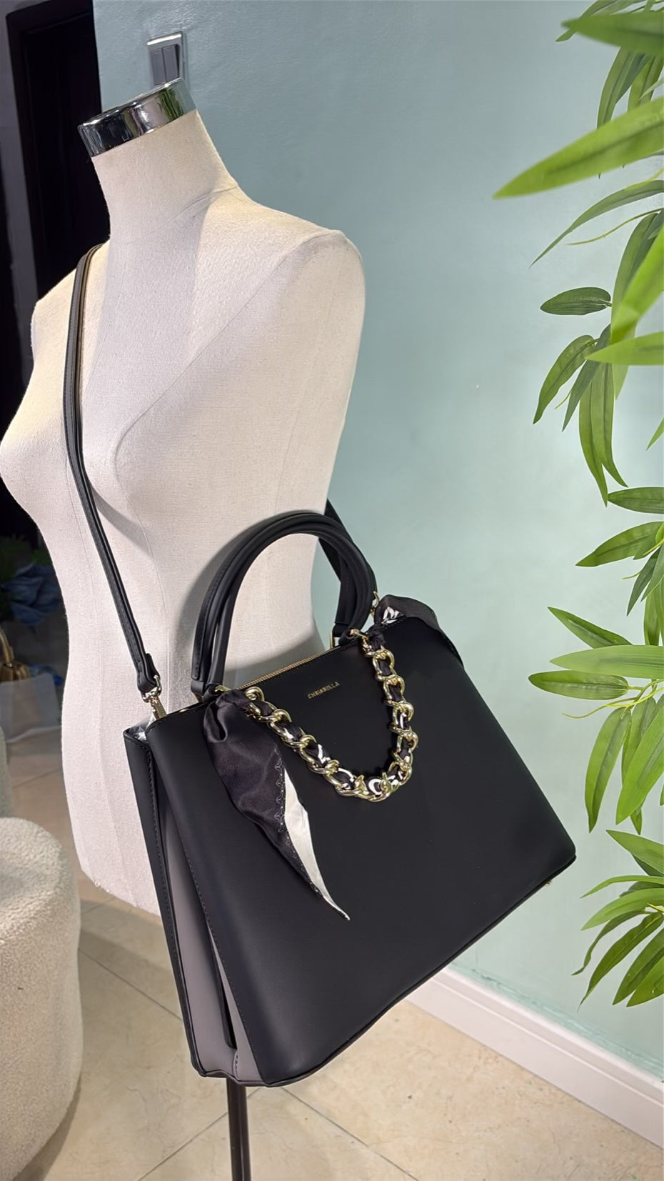 Chrisbella Scarf Detail 2-in-1 Two-Tone Bag in Black