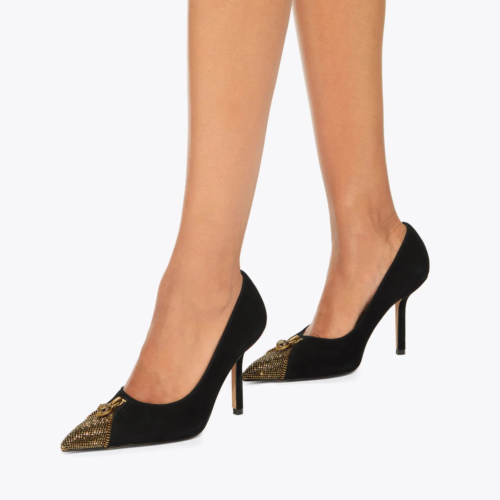 Kurt Geiger Velvet Zip Court Heel With Gold Toe in Black