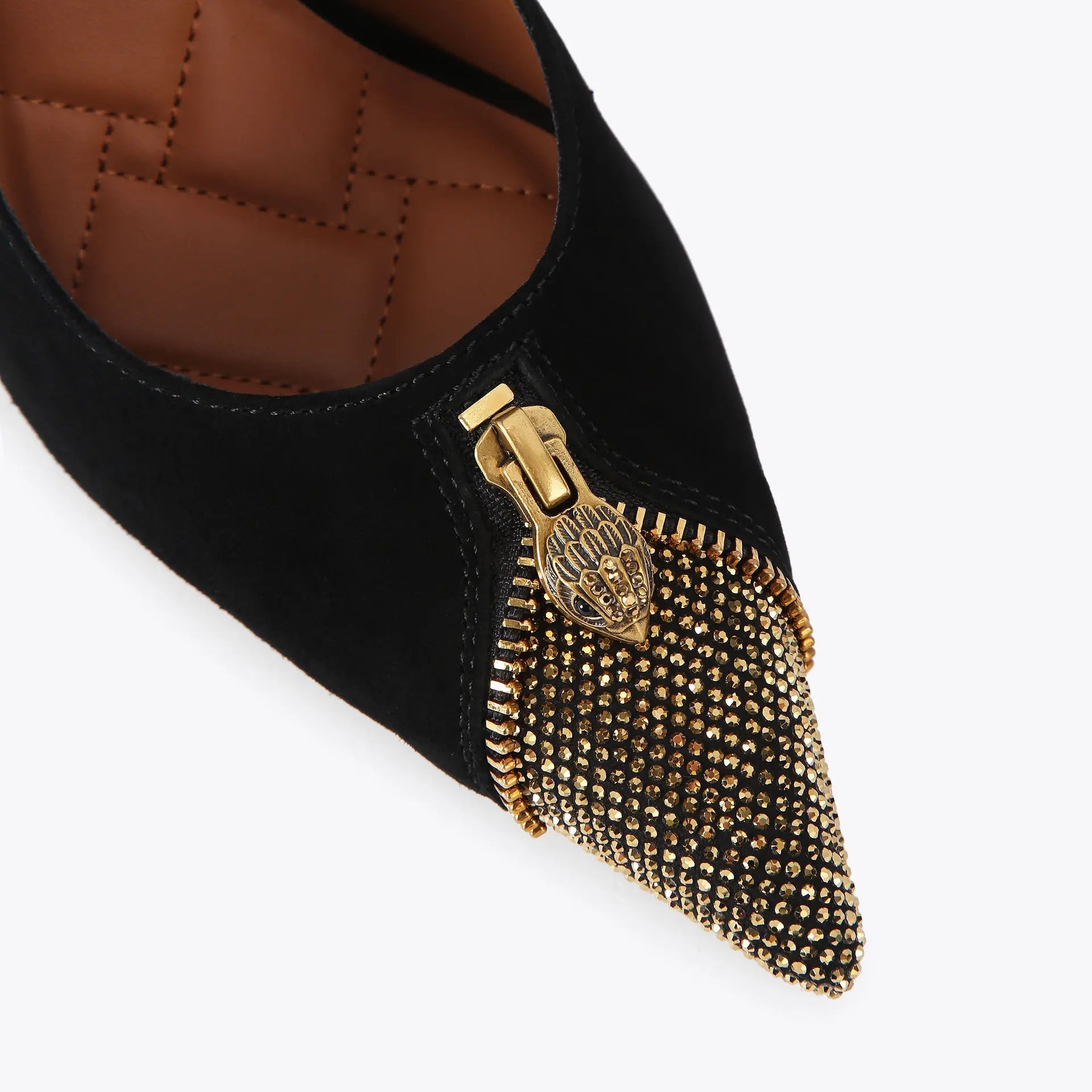Kurt Geiger Velvet Zip Court Heel With Gold Toe in Black